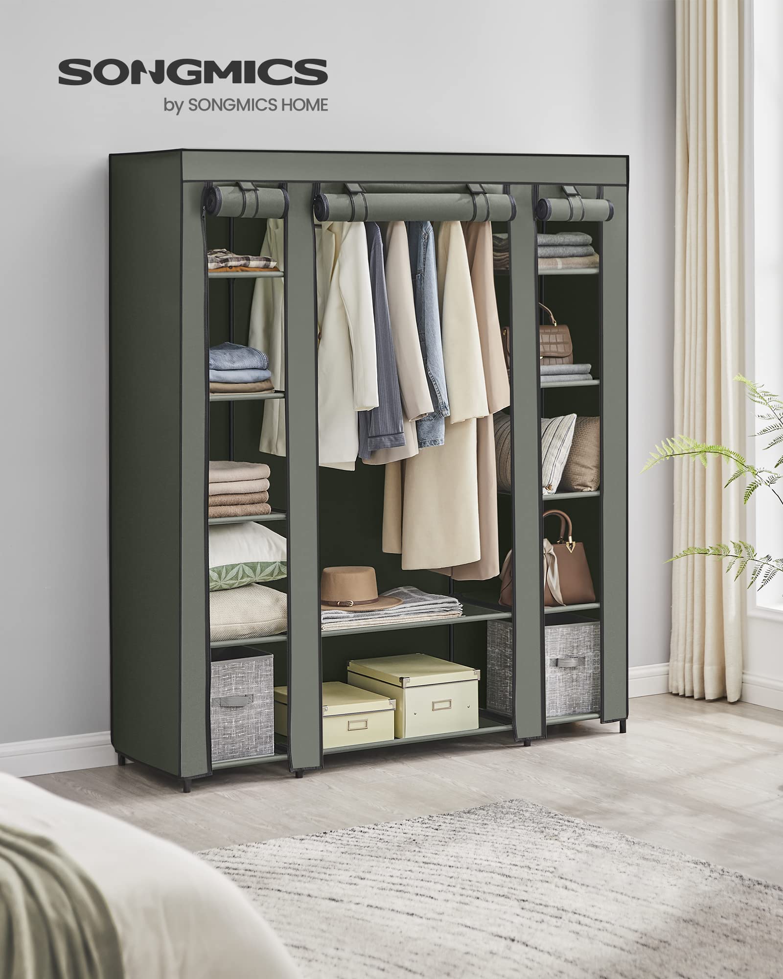 SONGMICS Portable Fabric Wardrobe - 45 x 150 x 175 cm | 15 kg Rail Capacity | Sage Green 2