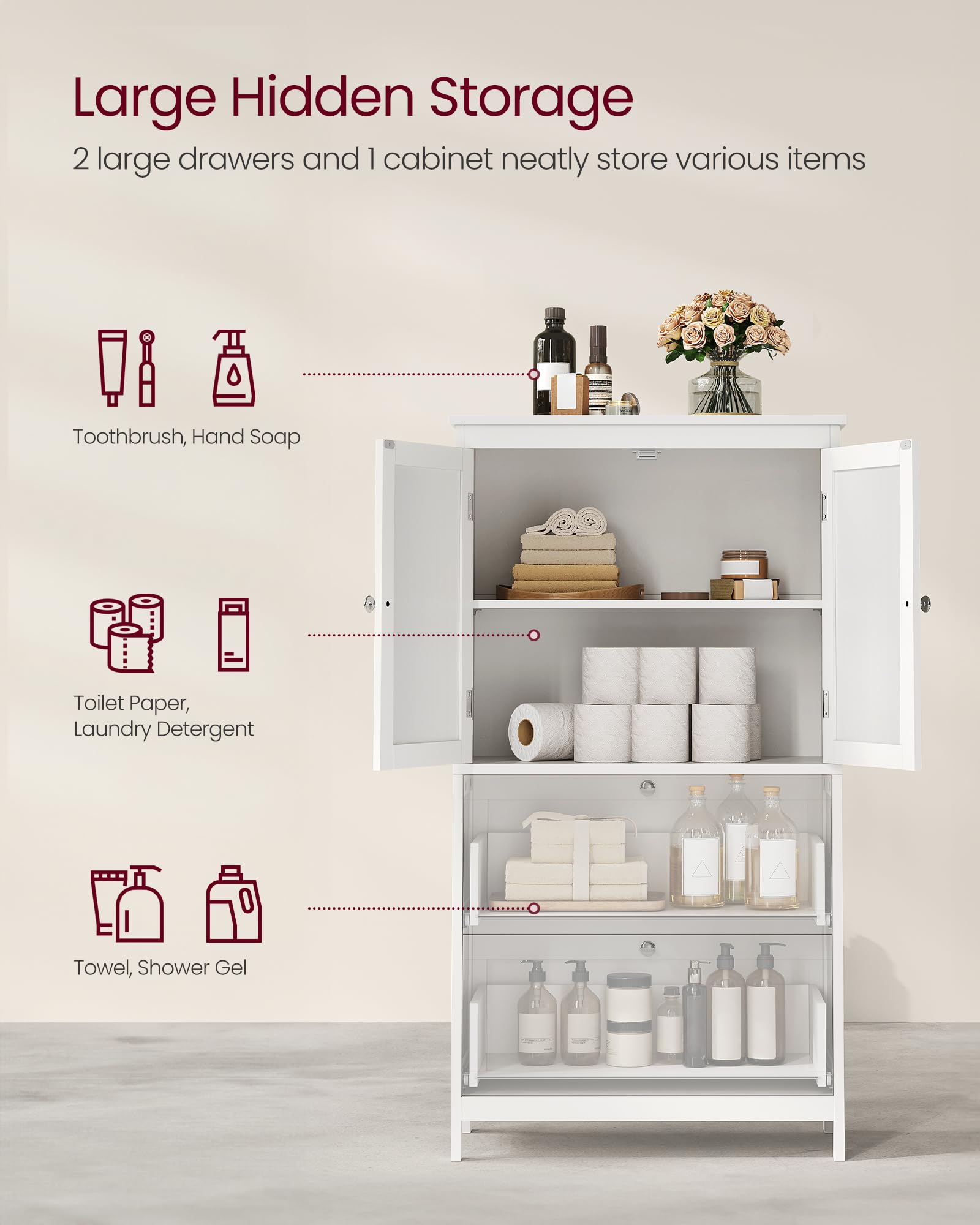 VASAGLE Freestanding Bathroom Storage Cabinet - White | Adjustable Shelf | 30x60x110 cm 5