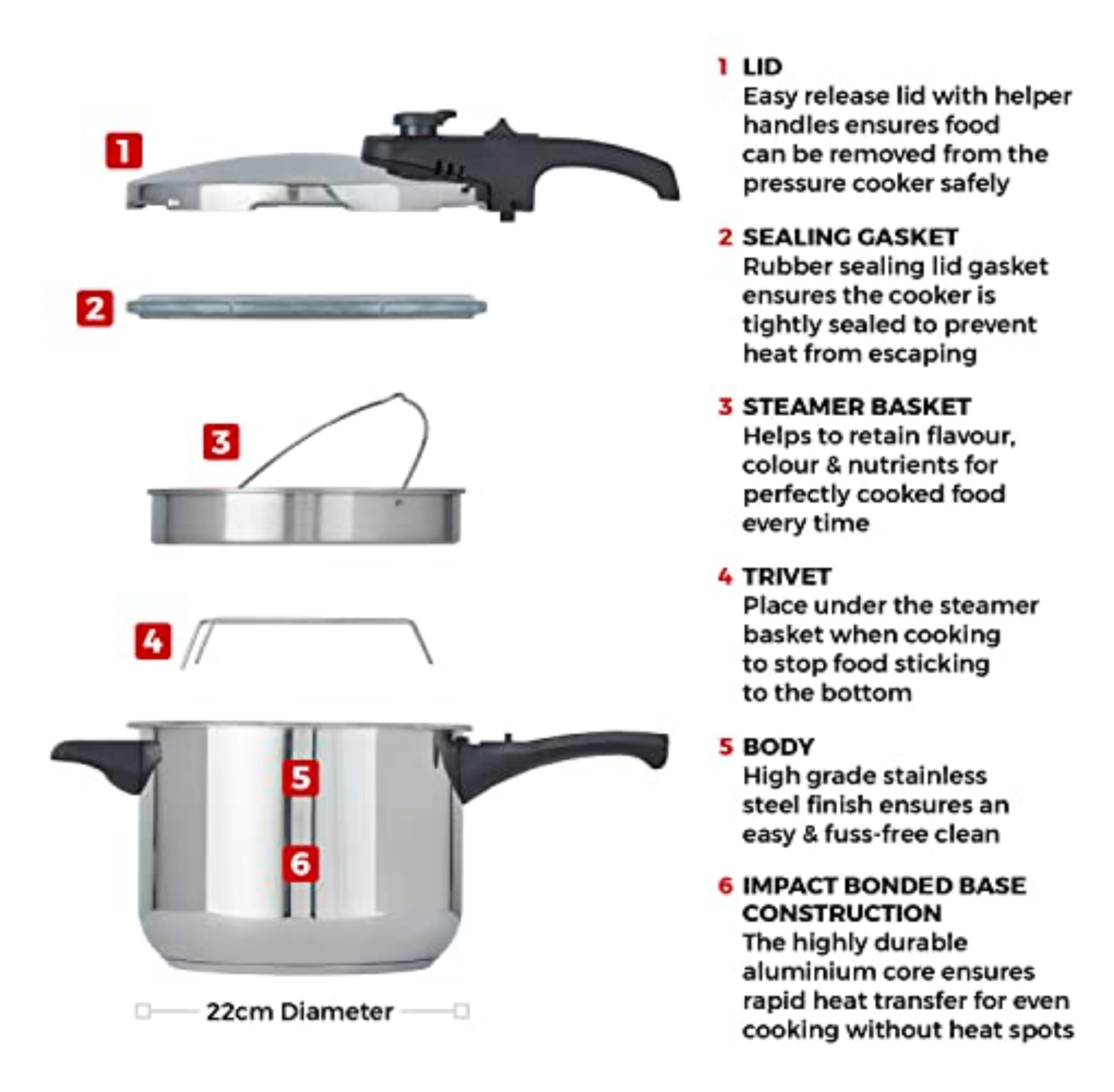 Tower T80244 Pressure Cooker - 6L Capacity, 22cm Diameter | Stainless Steel 8