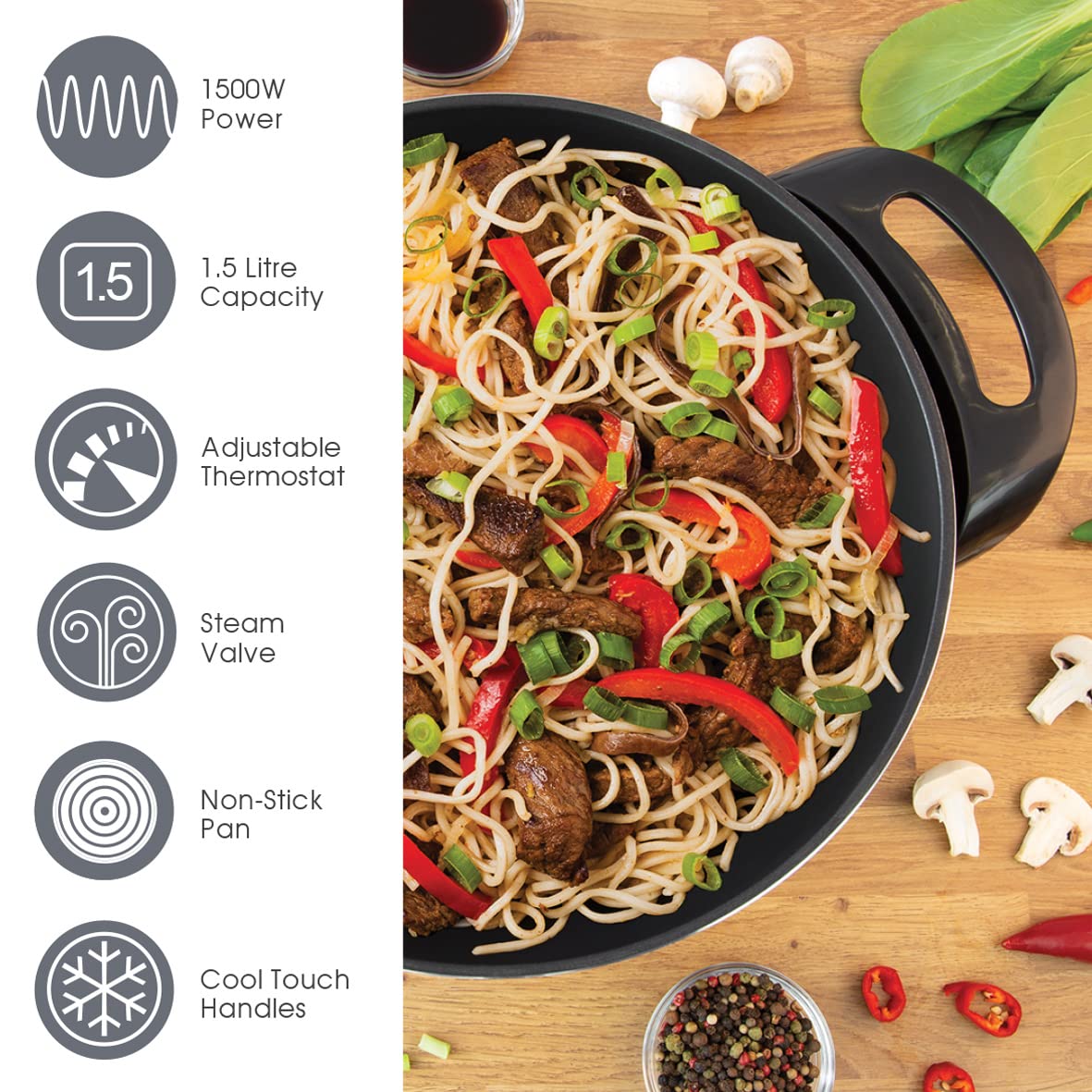 Quest Electric Non-Stick Wok with Lid - 1500W Power | 33cm Diameter | 5 Temperature Settings 8