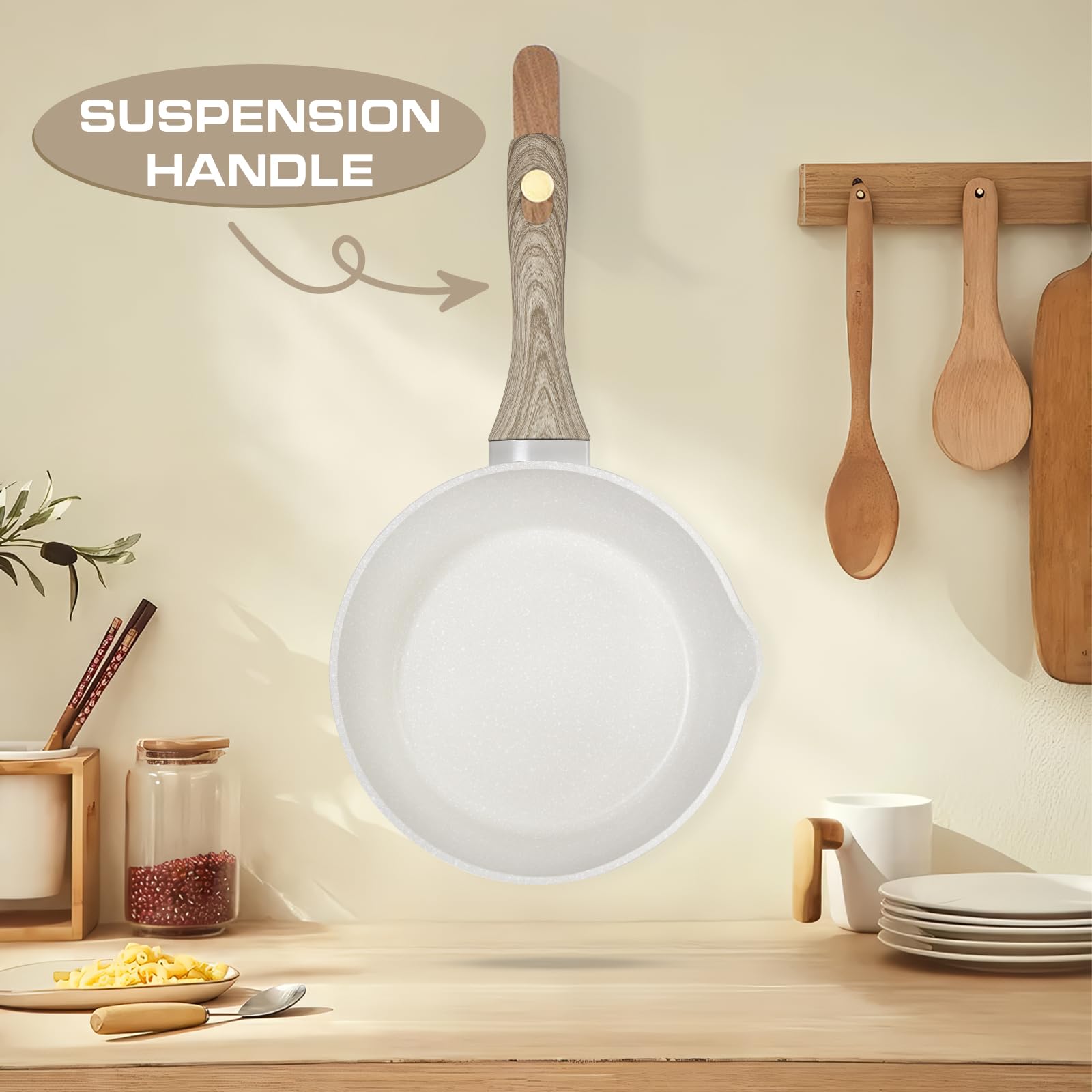 Rainberg Nonstick Granite Saucepan Set with Lid, 3-Piece (16, 18, & 20cm) | Induction Compatible | Beige 5