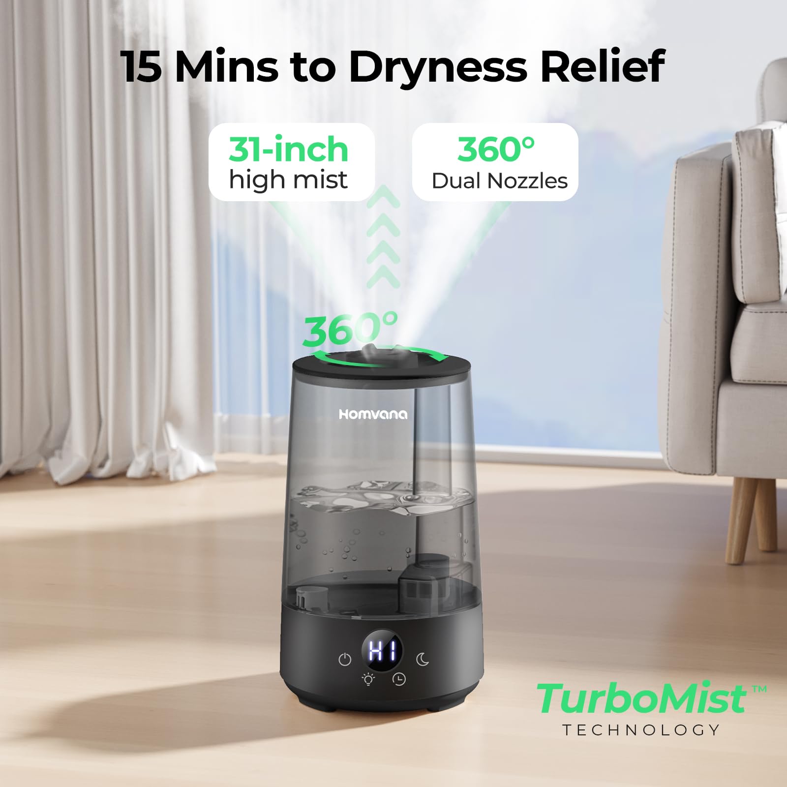 Homvana H101 3.6L Cool Mist Humidifier for Bedroom | 34 Hr Runtime | SilentSpray <16dB 2