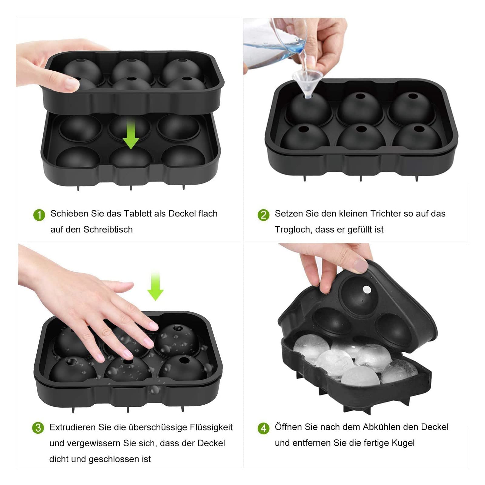LUCKEA Silicone Ice Cube Mould & Tray Set (2 Pcs) - Large 1.9" Cubes & Ice Ball Maker with Funnel, Black 4