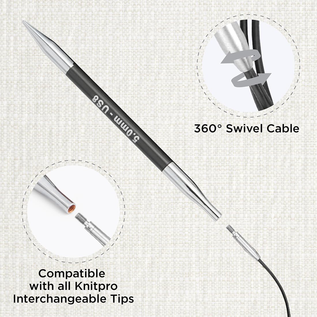 KnitPro The Mindful Collection Stainless Steel Swivel Cable - 60cm | Black/Silver 2