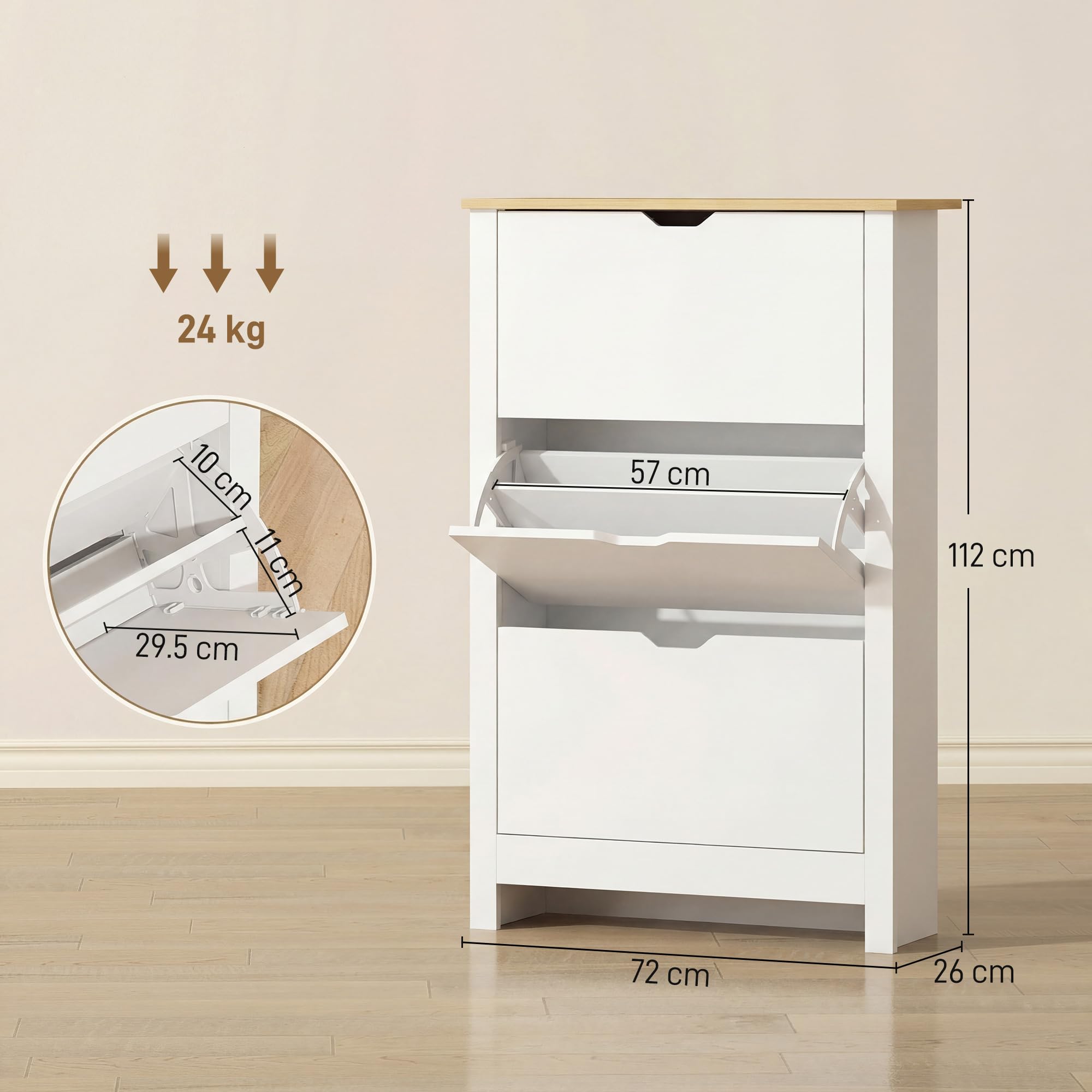 HOMCOM Narrow Shoe Cabinet - Space Saving Storage with 3 Flip Drawers | White | 26cm Depth 3
