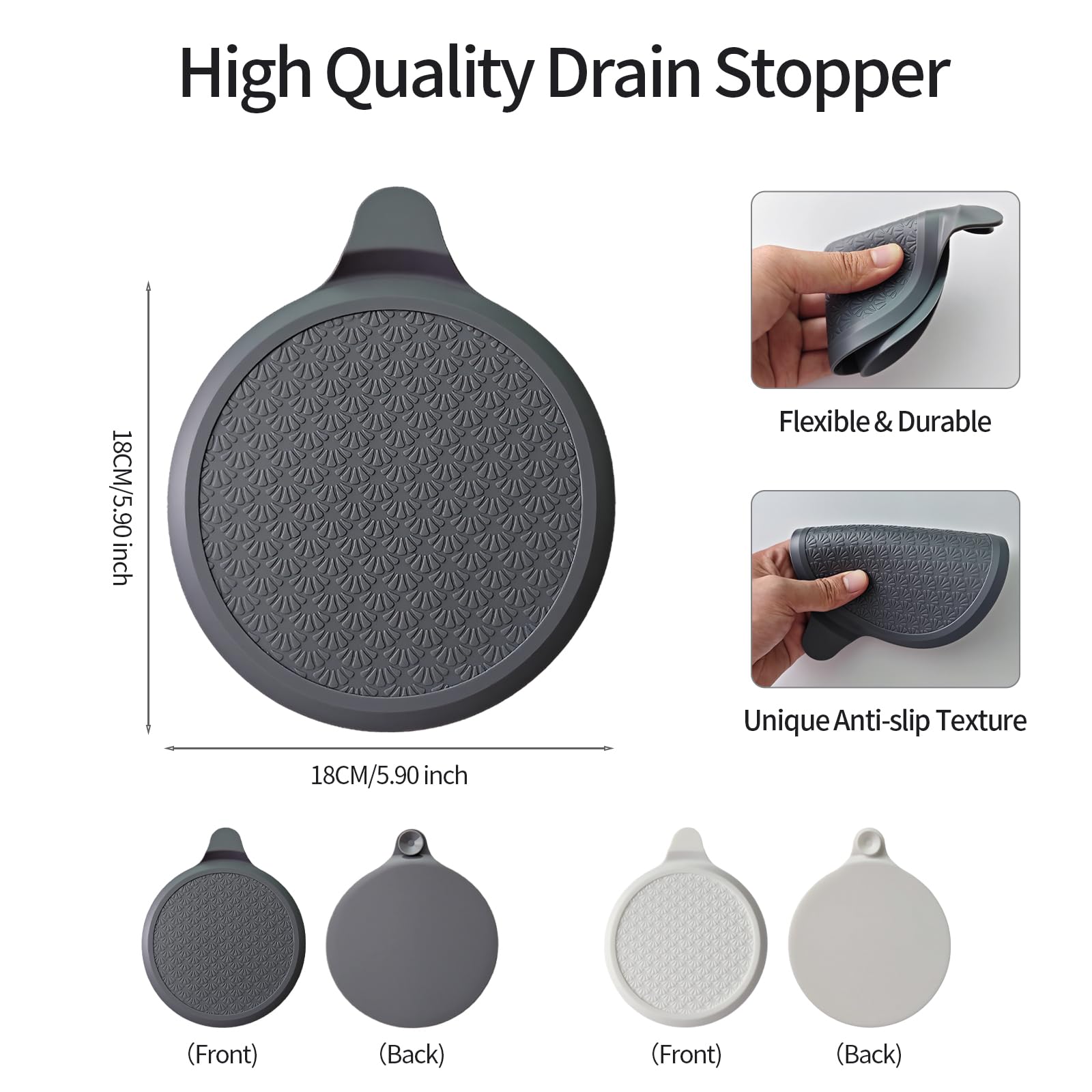 MOXYOY Silicone Bathtub Stopper - 18cm Universal Fit, Leak-Proof Seal, Gray+White