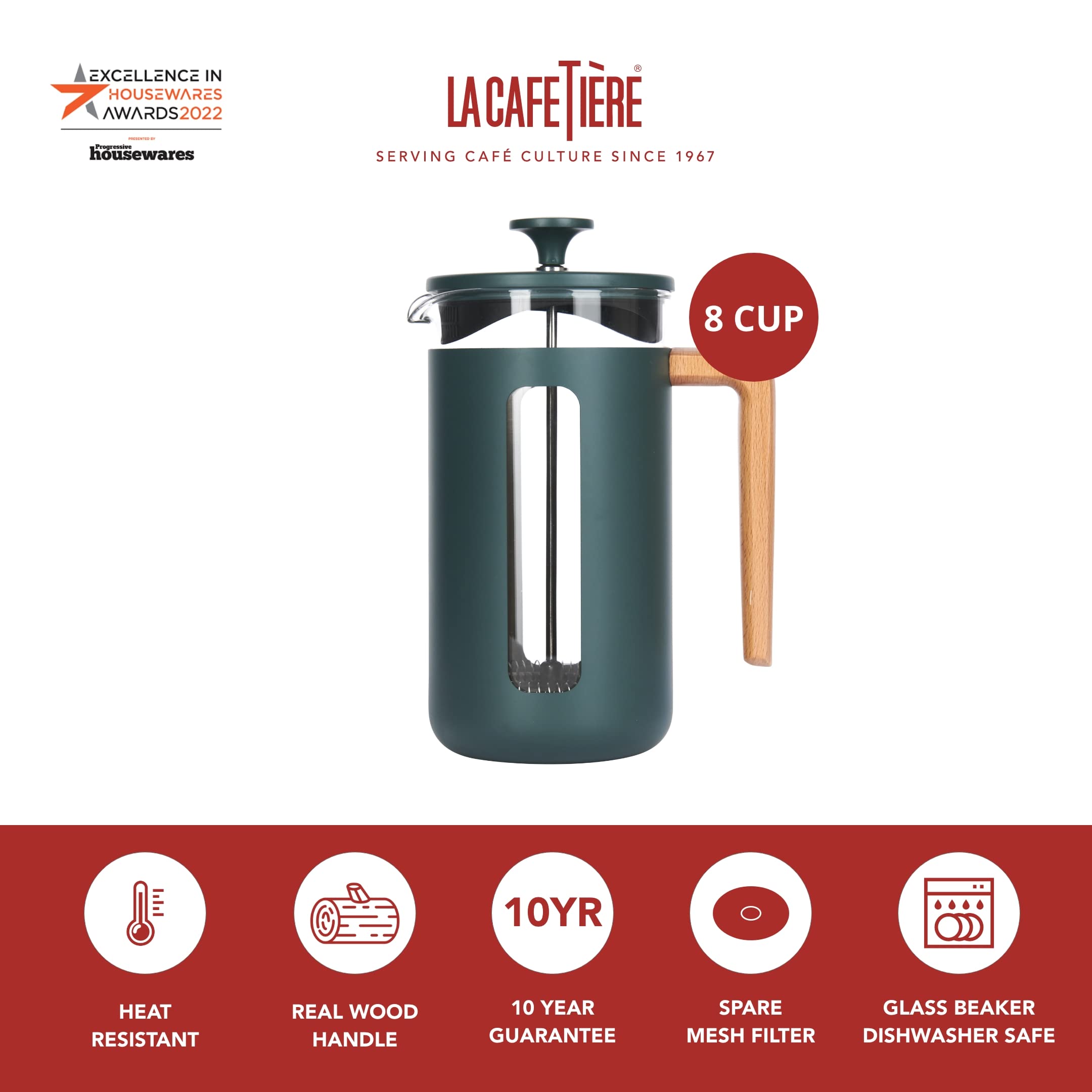 La Cafetière Pisa Stainless Steel French Press - 8 Cup (1L) | Green | Gift Boxed