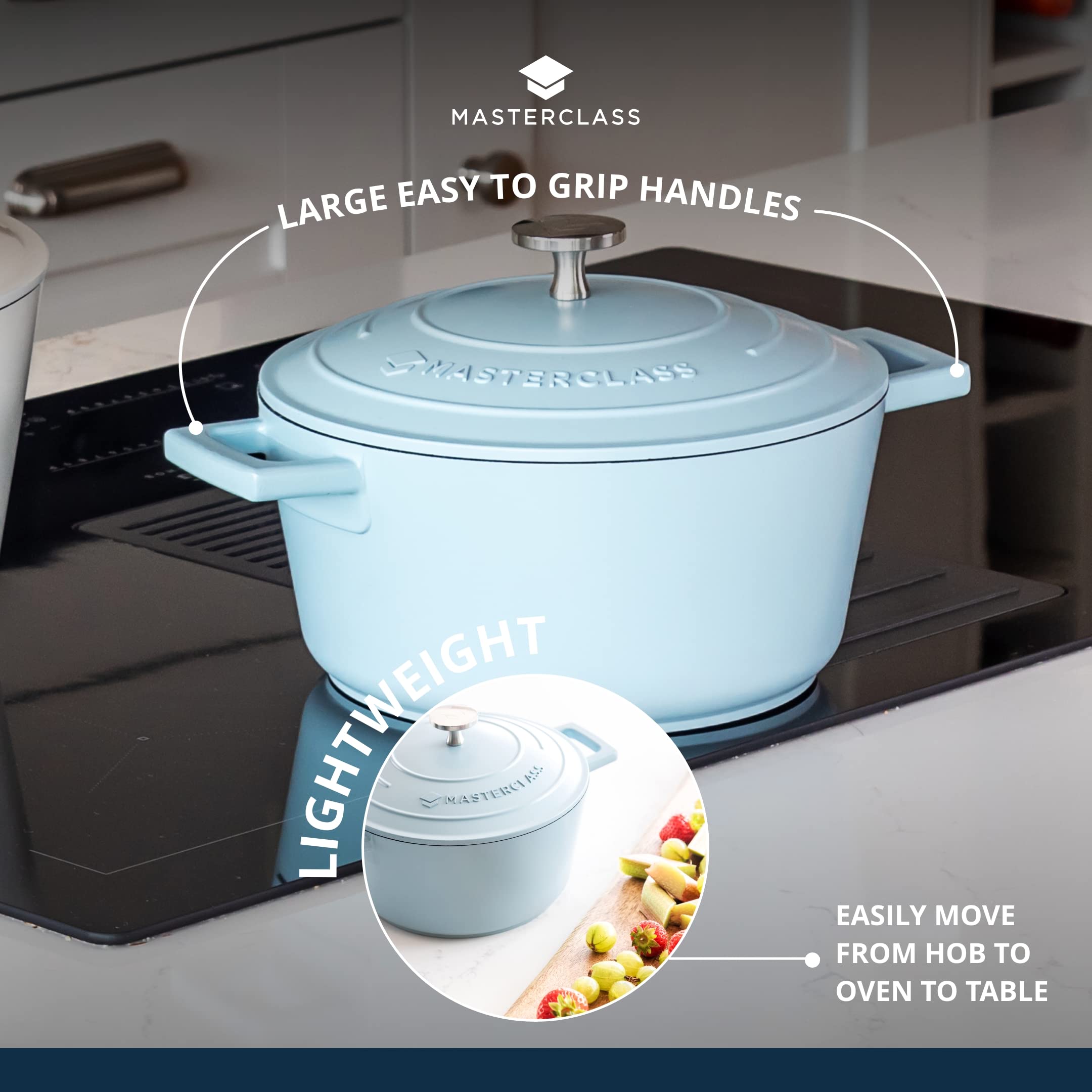 MasterClass 2.5L Cast Aluminium Casserole Dish with Lid | 20 cm Diameter | Sky Blue 7