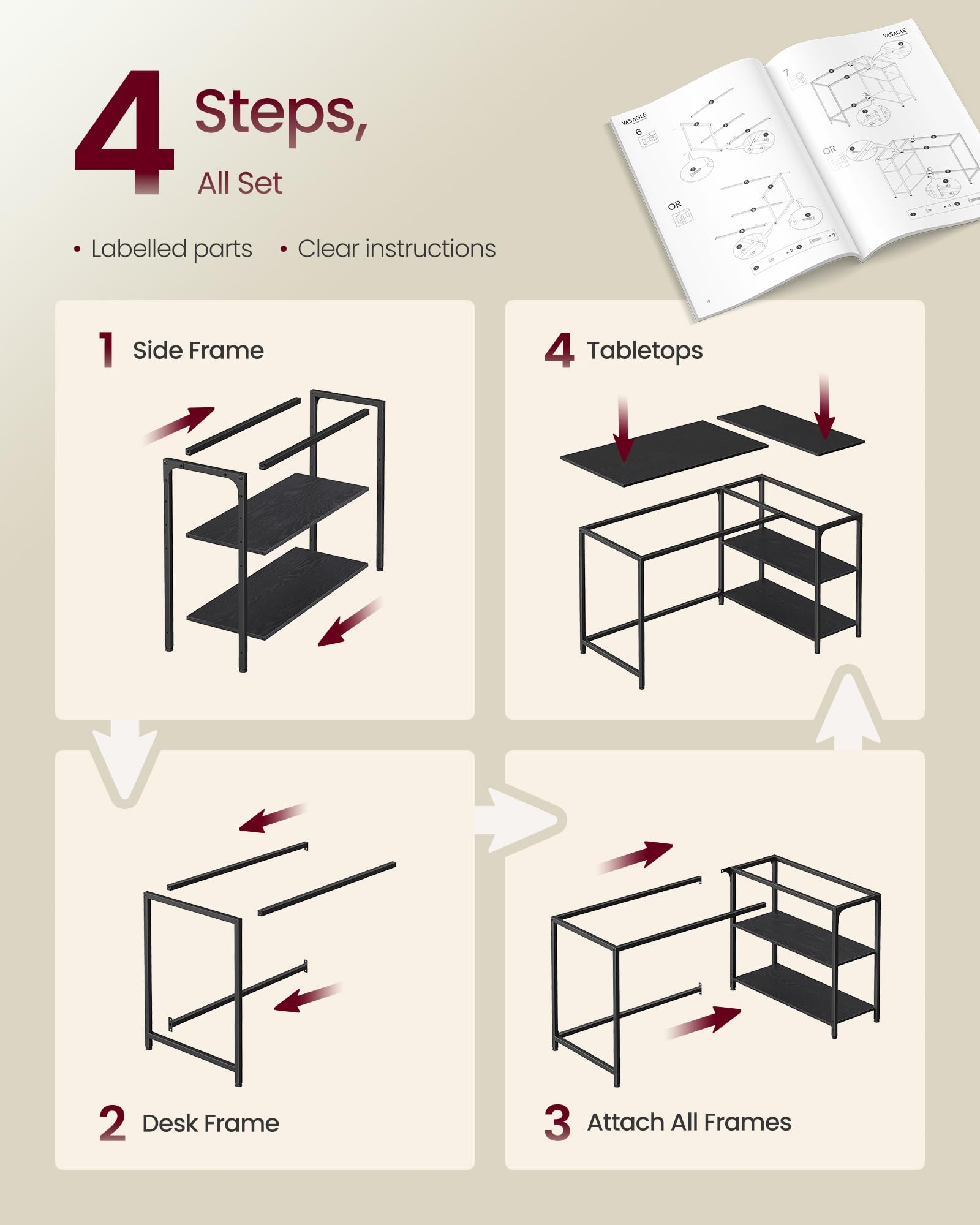 VASAGLE L-Shaped Corner Desk with Reversible Storage | 120 x 80 cm | Ebony Black 7