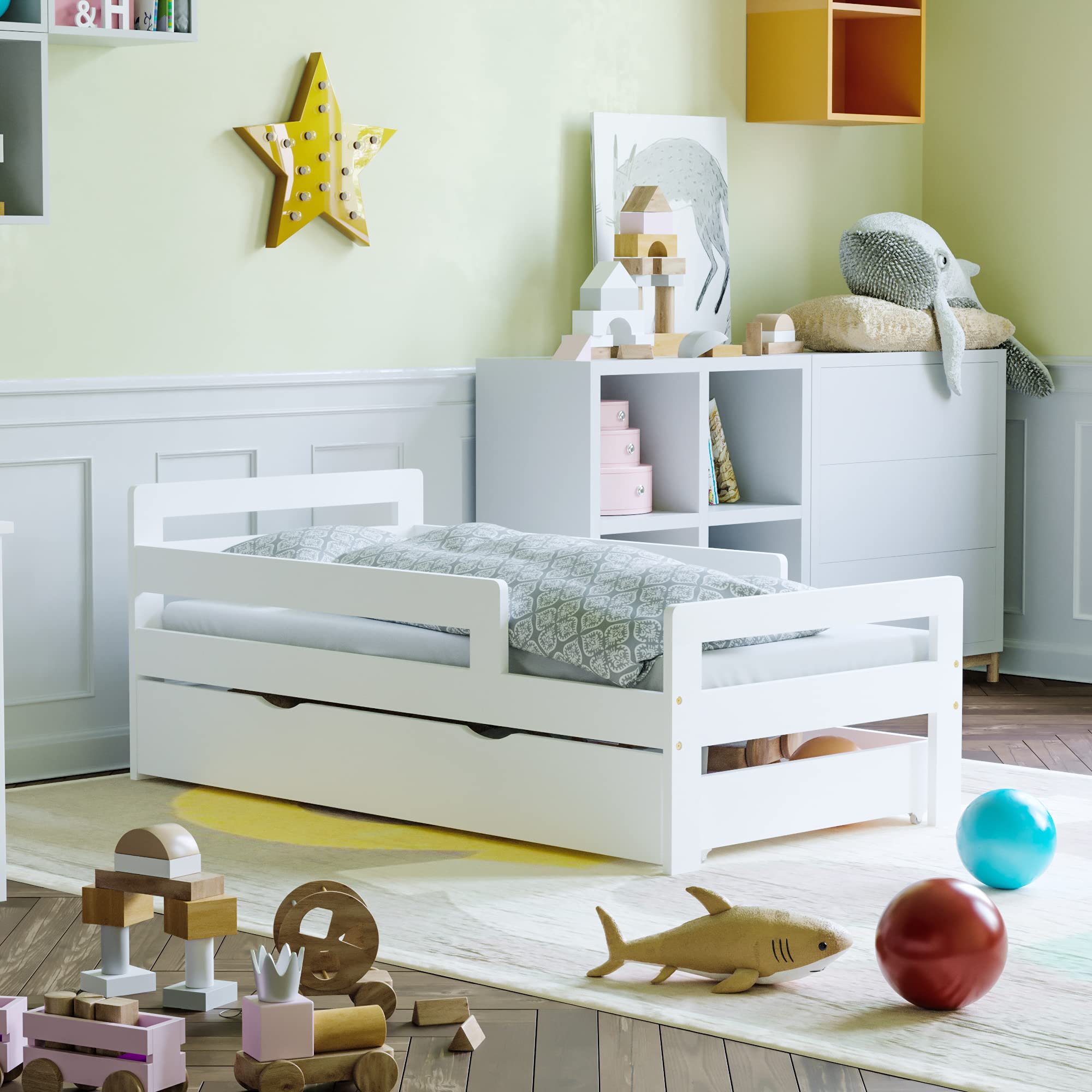 Junior Vida Taurus Wooden Toddler Bed - Solid Pine Wood, White Finish | H 57 x W 75 x L 144 cm 1