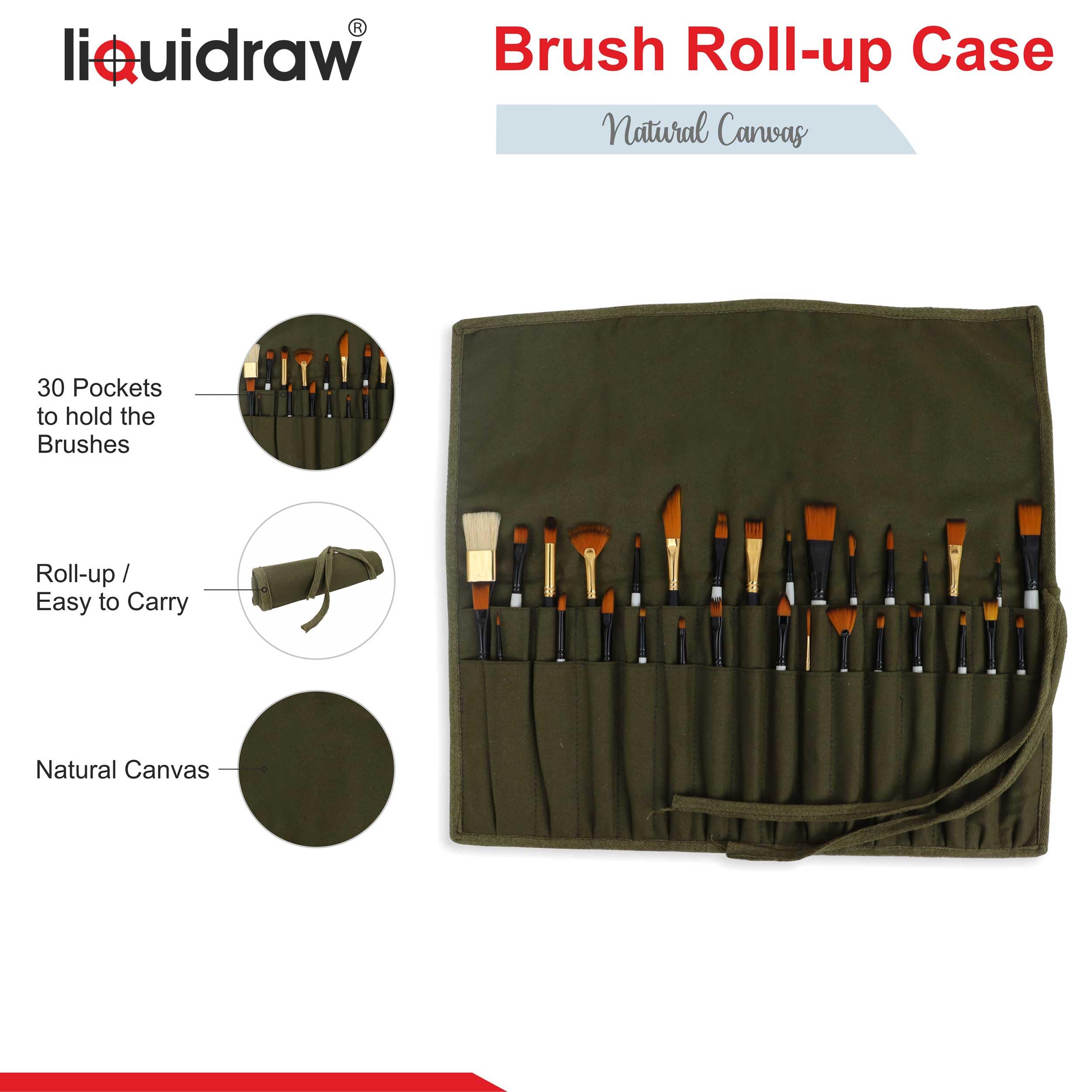 Liquidraw 30 Pocket Canvas Paint Brush Holder - Green Roll Up Storage for Art Tools 3
