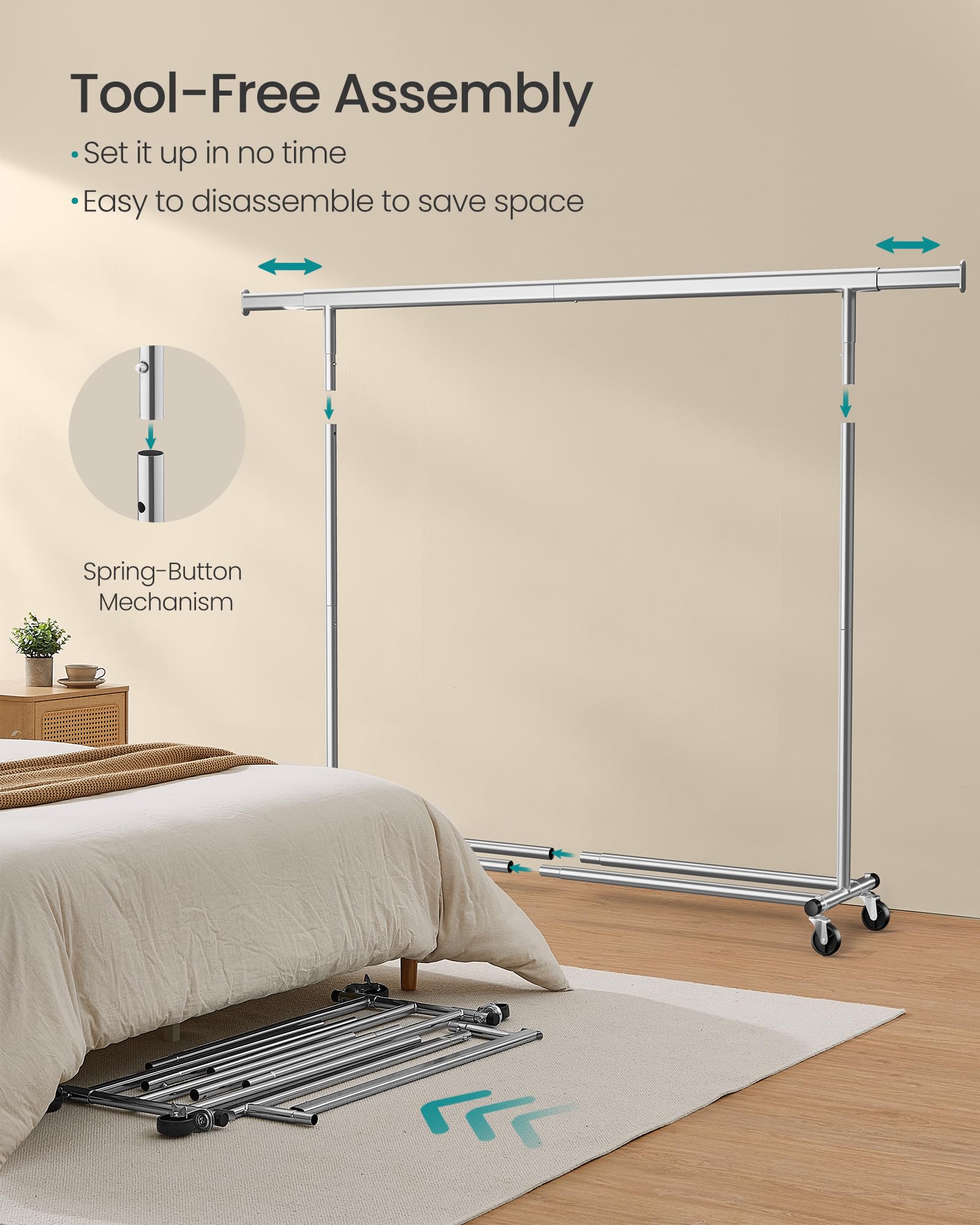 SONGMICS Heavy Duty Clothes Rack on Wheels | 150 kg Capacity | Extendable 160-200 cm Rail | Silver 5