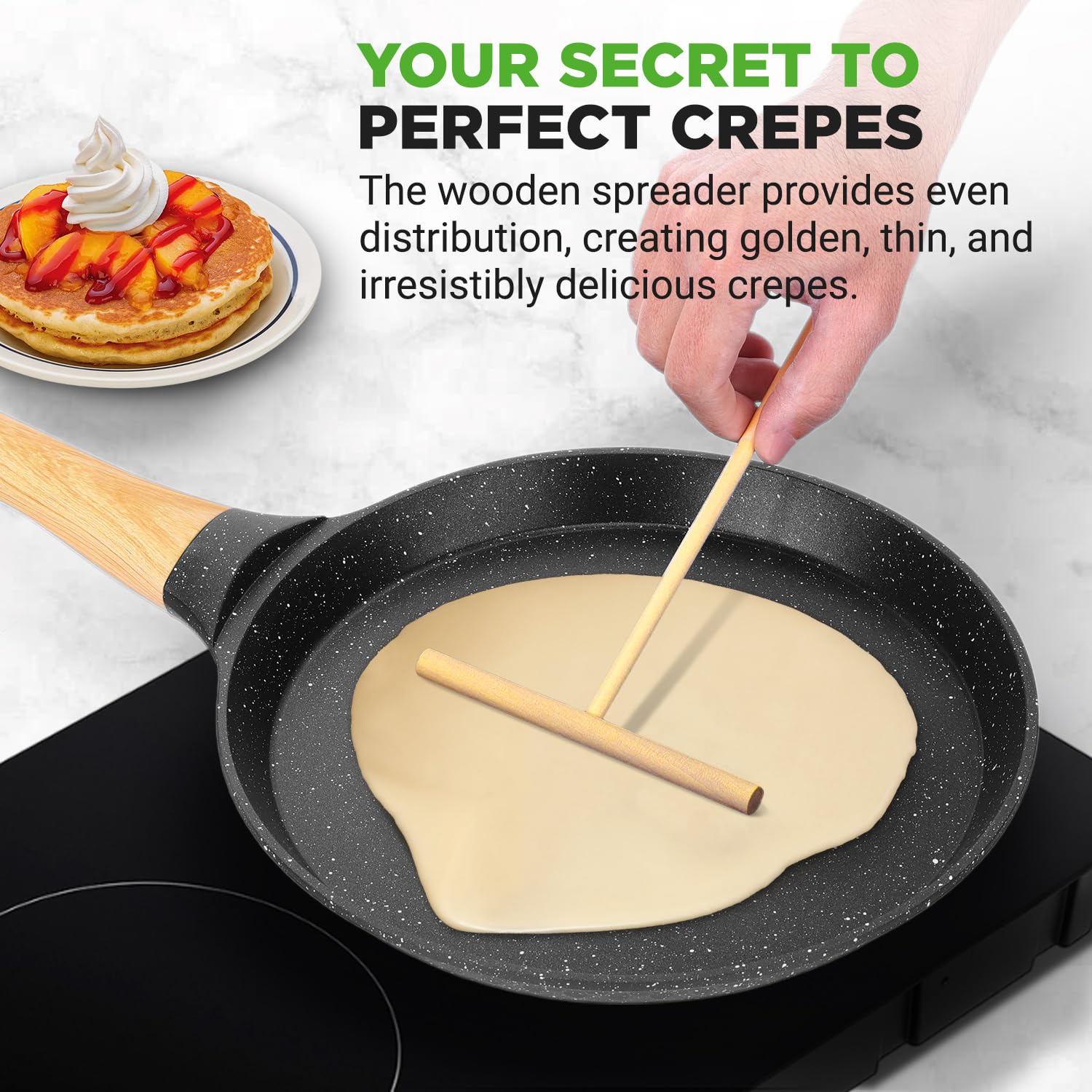 Nutrichef 28cm Non-Stick Marble Coated Crepe Pan with Wooden Spreader | Induction Ready 2