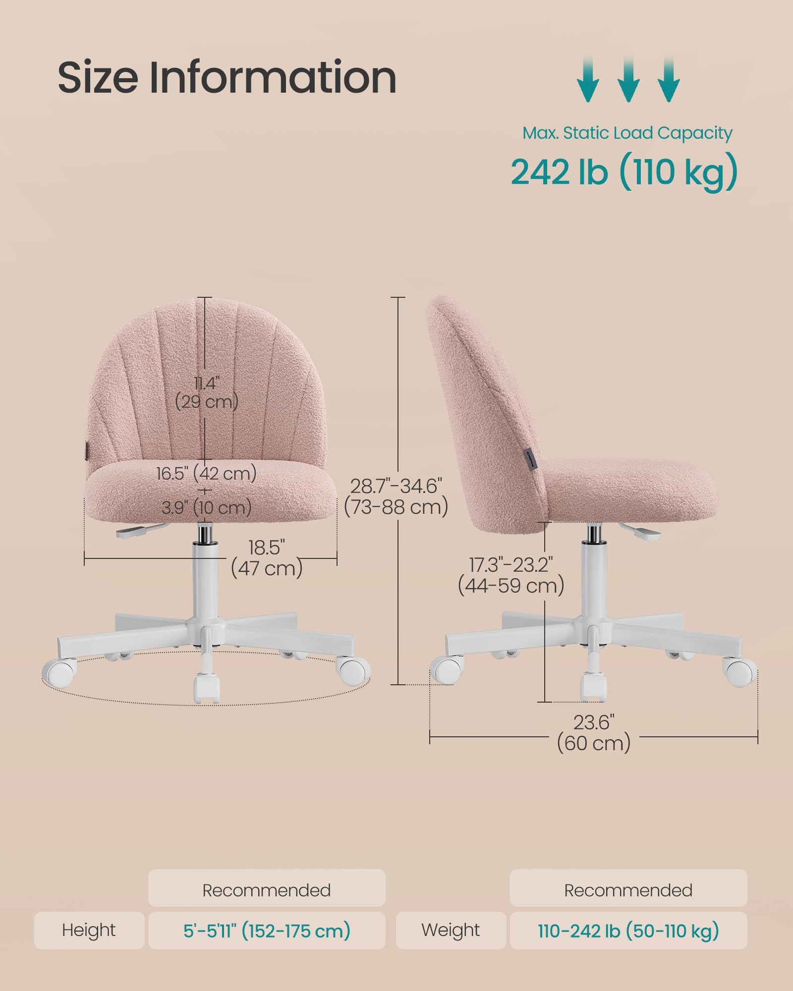 SONGMICS Office Chair - Teddy Fleece Swivel Desk Chair | Height Adjustable | Jelly Pink