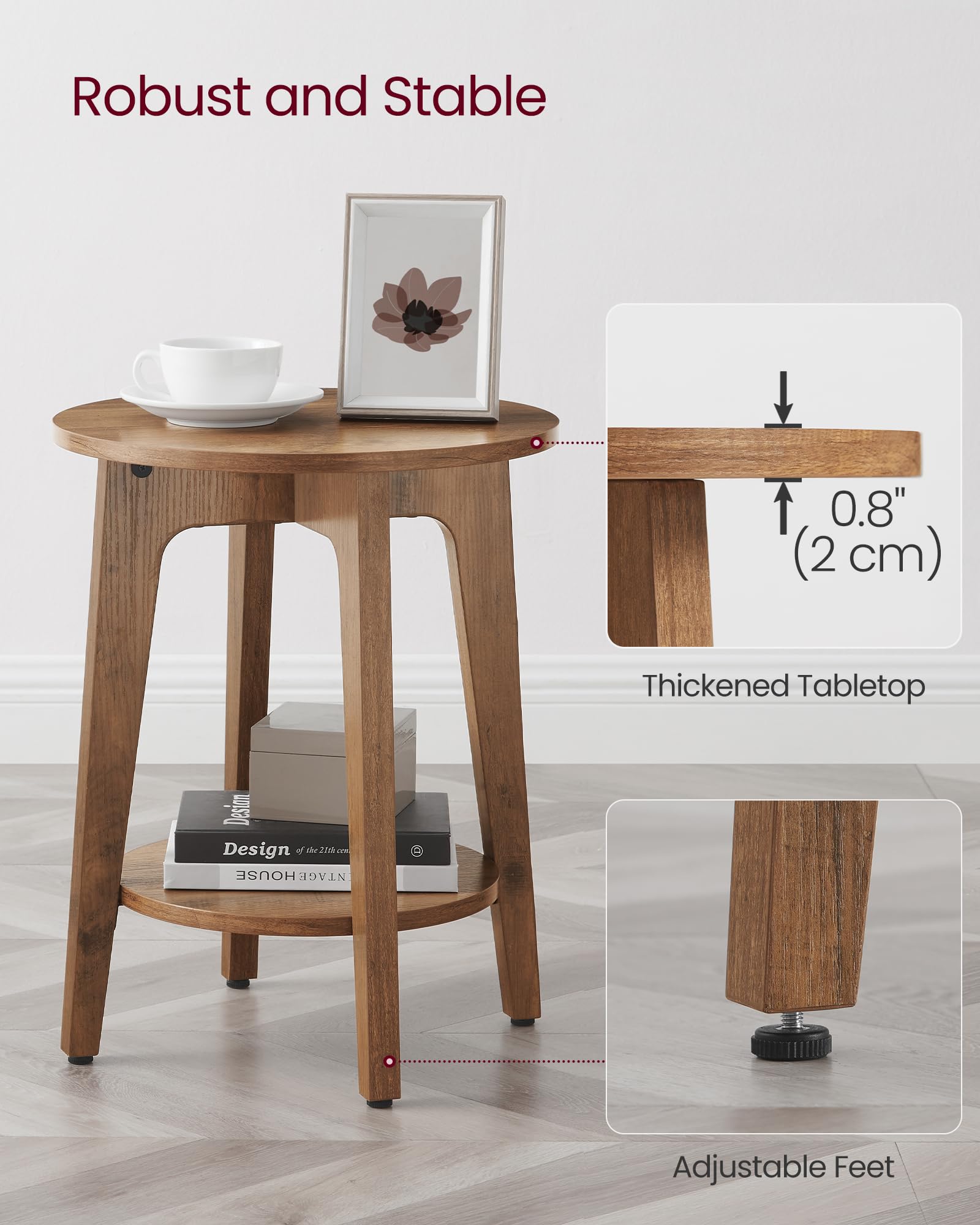 VASAGLE Modern Round End Table - Honey Brown, 2-Tier Storage | 40x50 cm 5