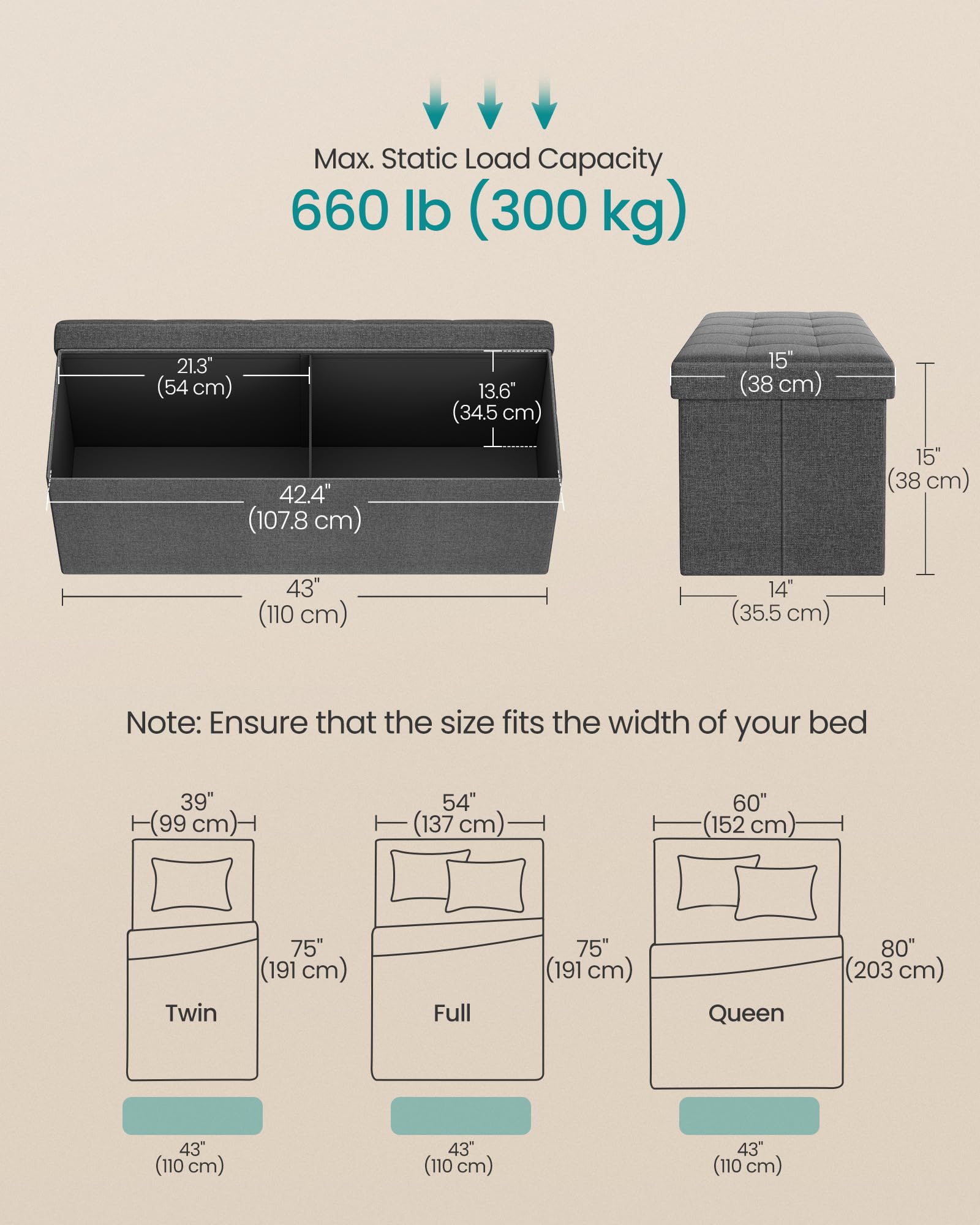 SONGMICS MAZIE Storage Ottoman Bench - 110 cm Folding Foot Rest | 300 kg Capacity | Dark Grey 3