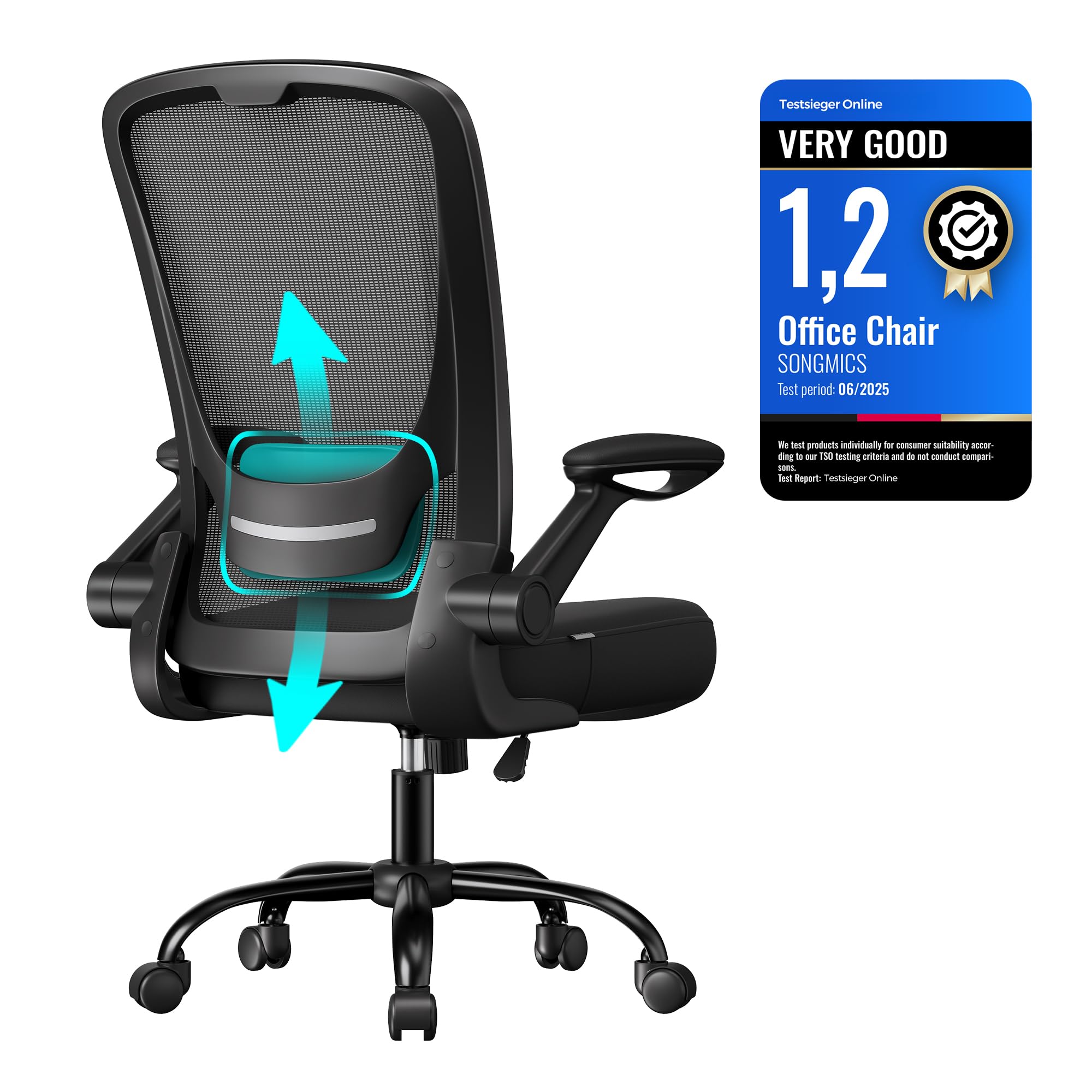 SONGMICS Ergonomic Mesh Back Desk Chair with Adjustable Lumbar Support and Flip-Up Armrests | Black