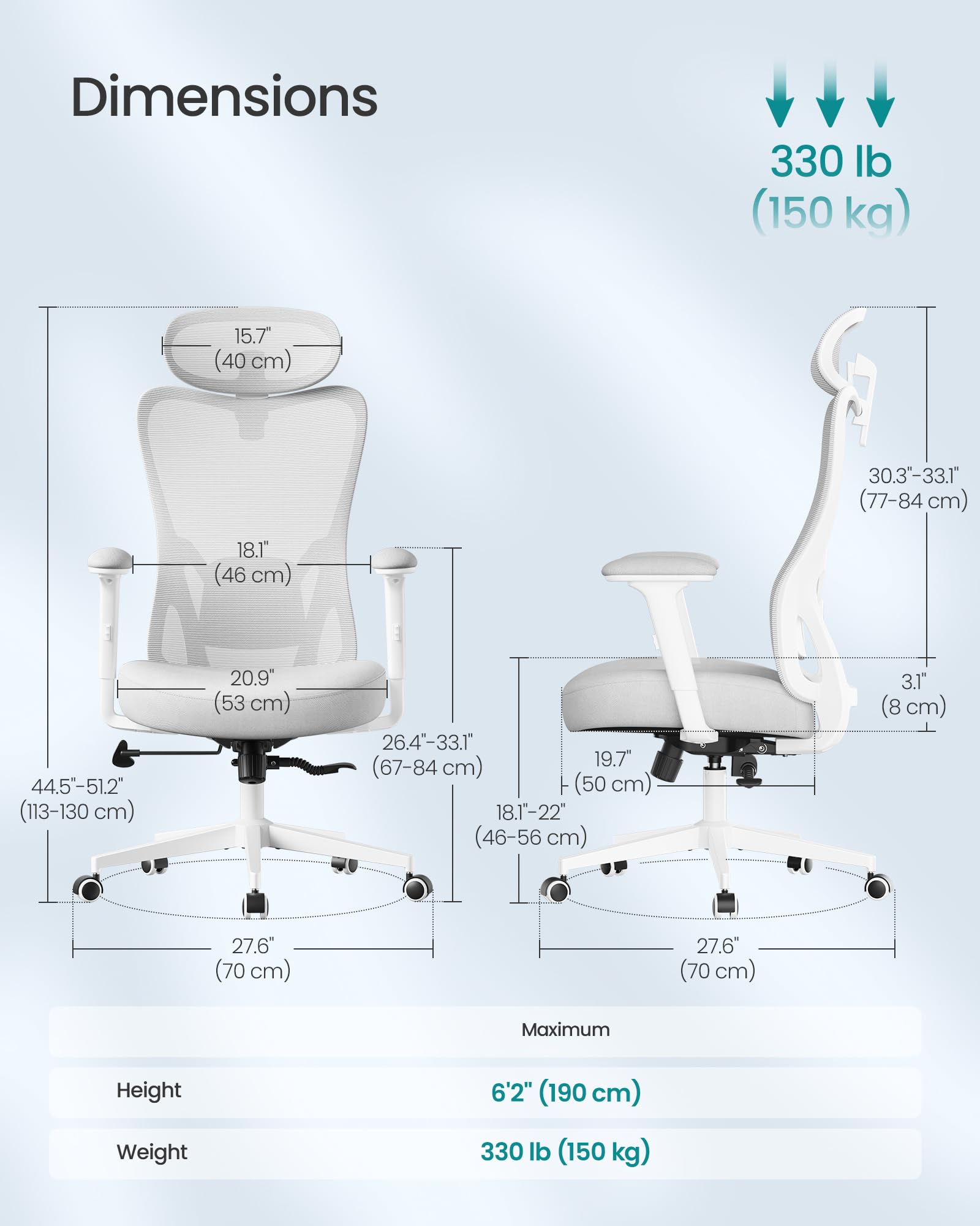 SONGMICS Ergonomic Office Chair - Adjustable Lumbar Support | Recline 95°-135° | Dove Grey 3