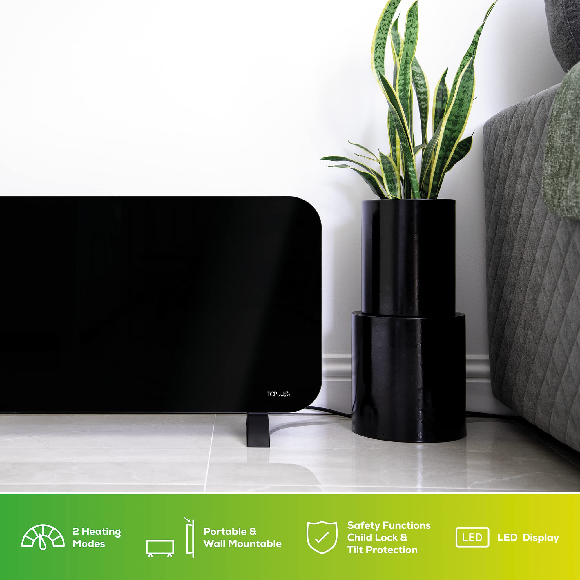 TCP Smart Glass Panel Heater 2000W Black with App Control | WiFi | 2 Heat Modes 4