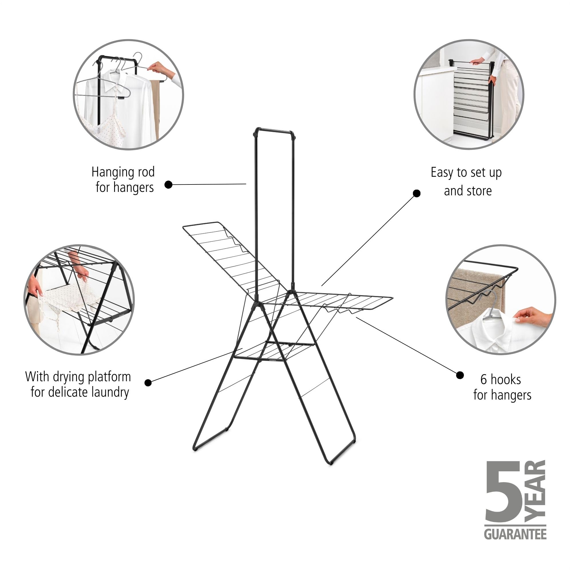 Brabantia HangOn Drying Rack - 20m Drying Space with Rod | Matt Black | Folds Compact 4