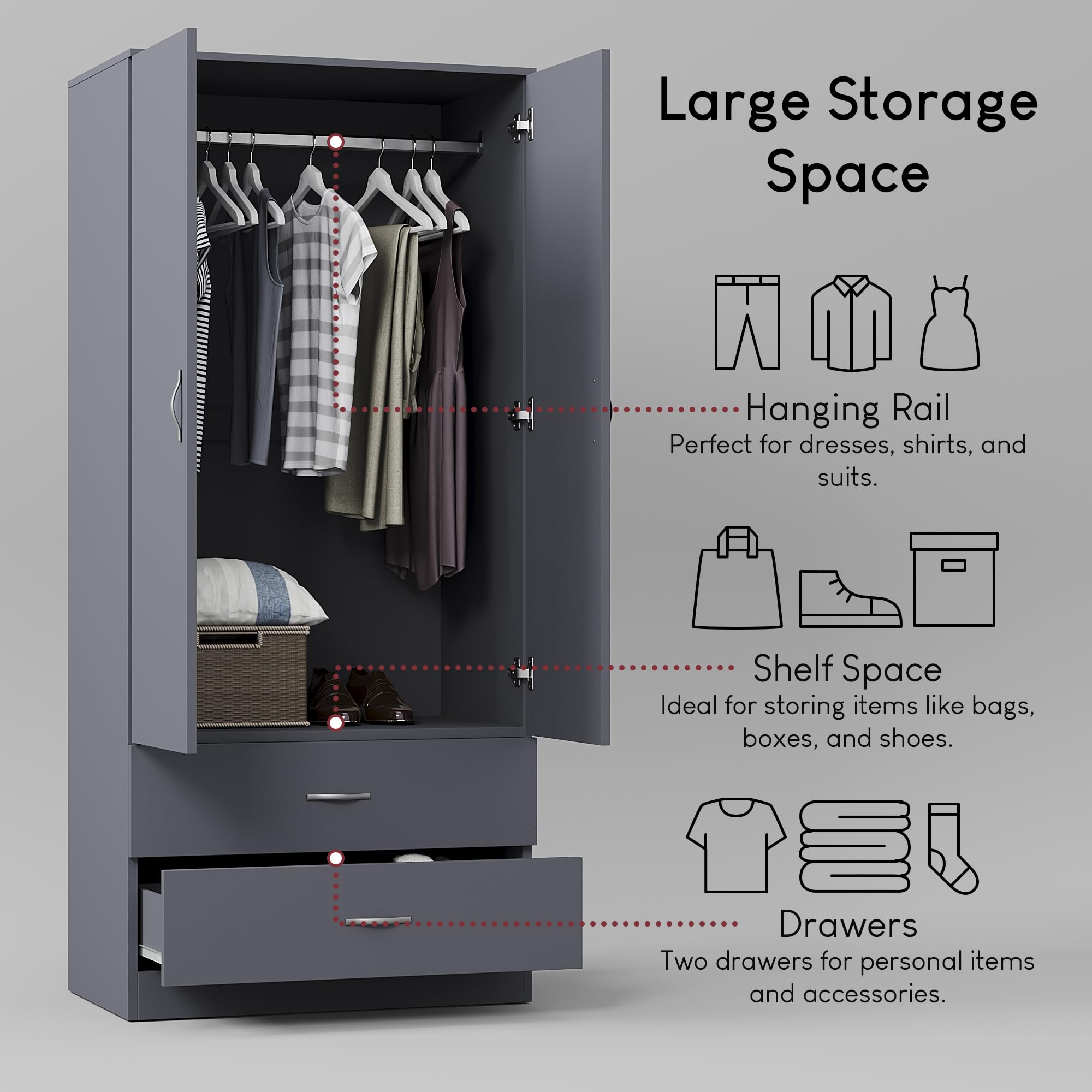 Vida Designs Riano 2 Door Wardrobe with Shelf & Hanging Rail | Engineered Wood | Grey 5