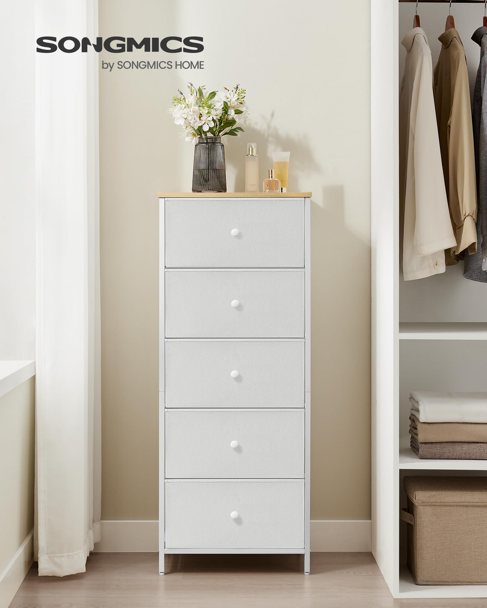 SONGMICS 5-Drawer Chest of Drawers - Tall Slim Storage Unit with Metal Frame | Camel Yellow & Cream White 4