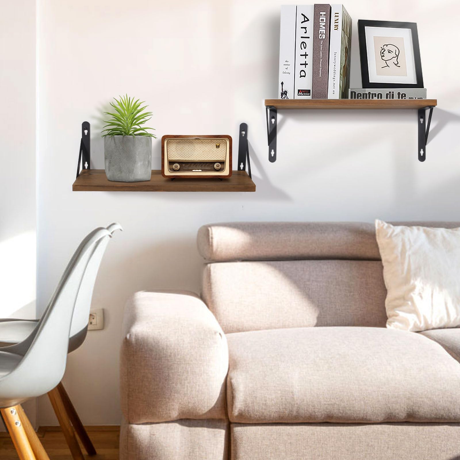 AGM Set of 2 Rustic Dark Wood Wall Mounted Floating Shelves | Max Load 15kg per Shelf 2