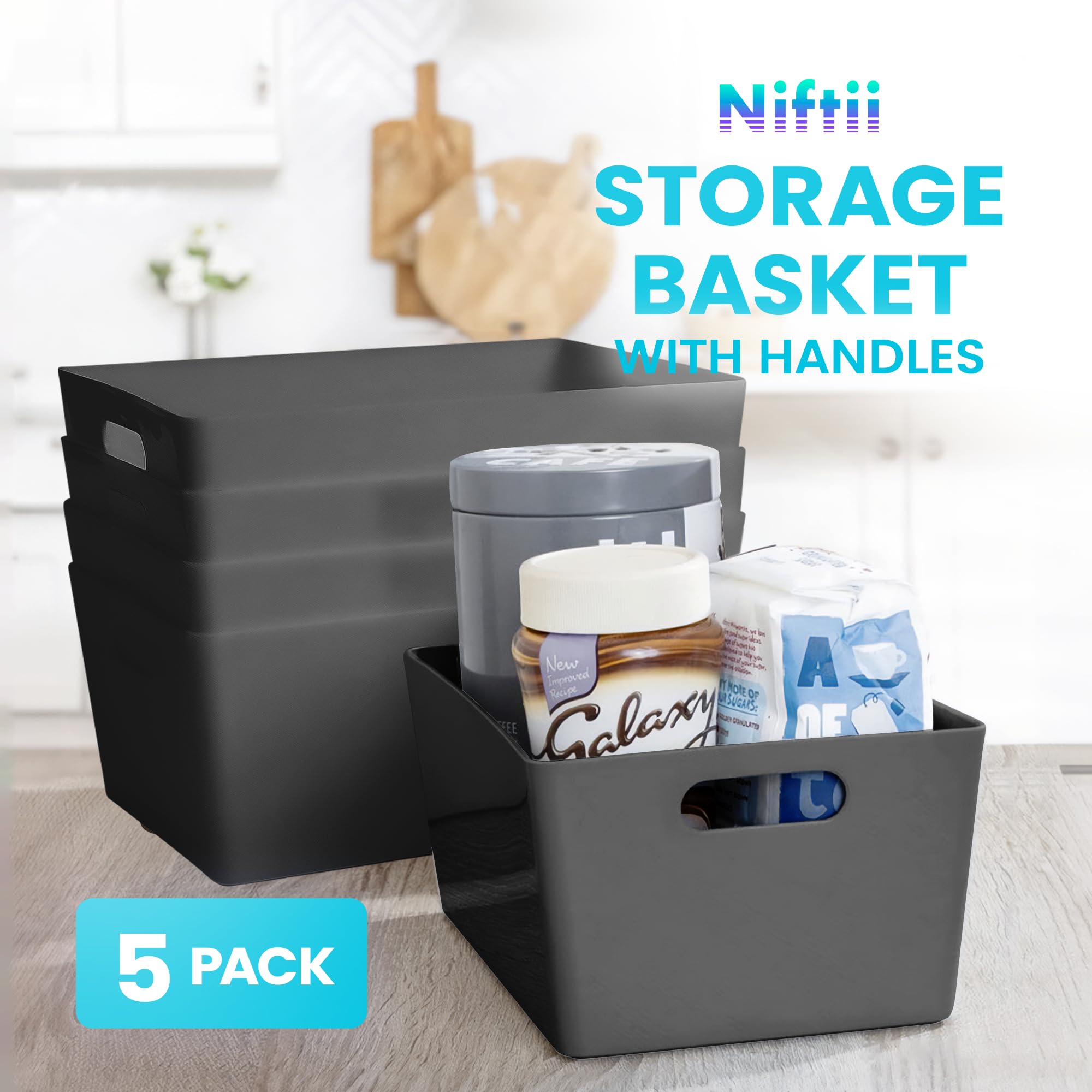 Niftii 5-Pack Plastic Shelf Baskets with Sturdy Handles | 3.9L Capacity | Black 2