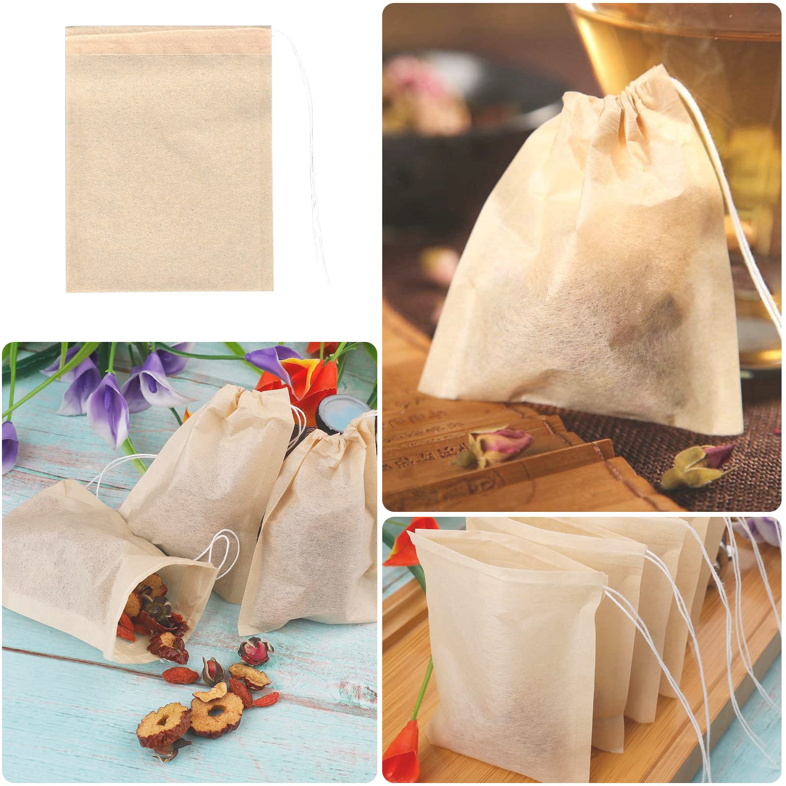 Carehabi Disposable Tea Filter Bags with Drawstring, 100 Count, 6 x 8 cm 6
