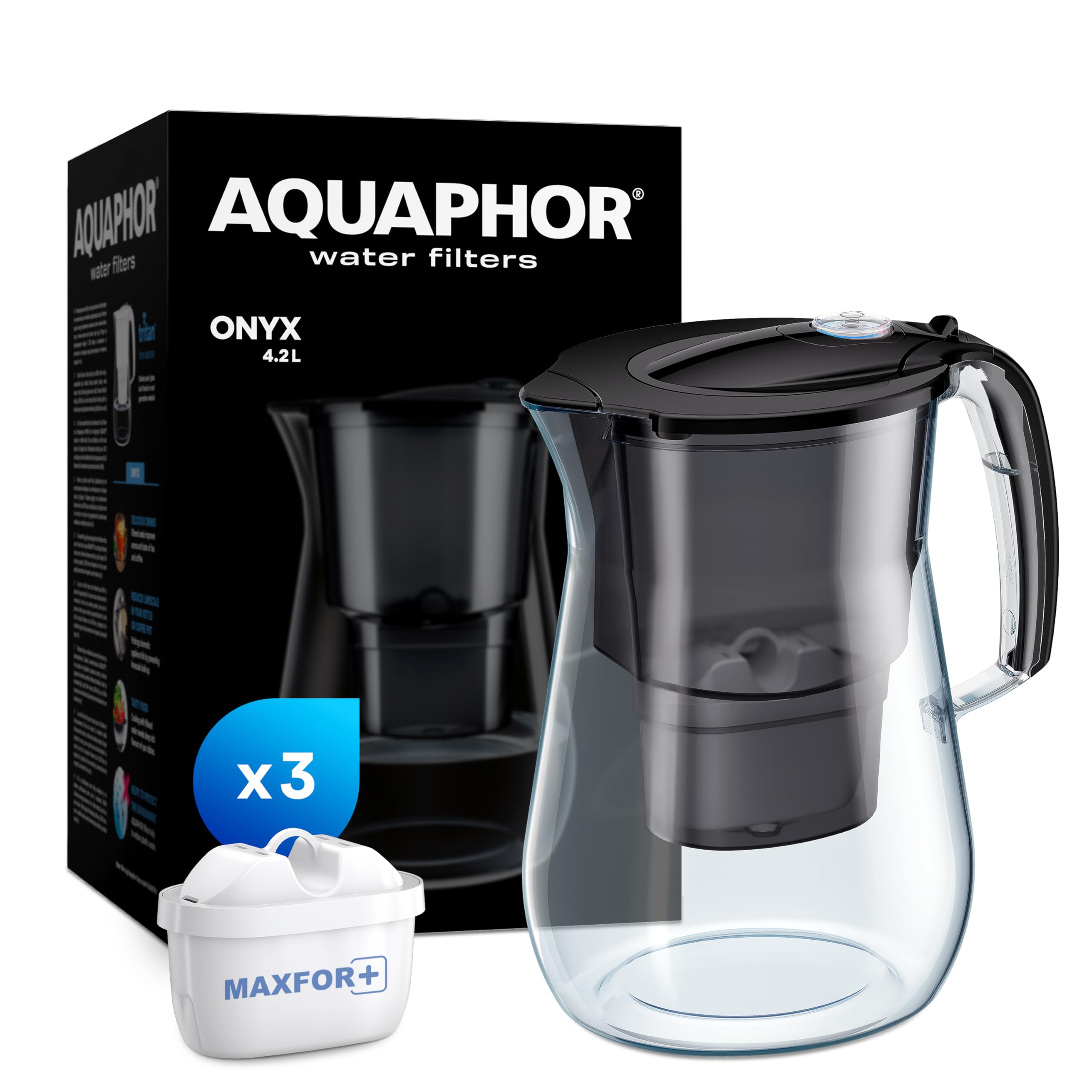 AQUAPHOR Onyx Water Filter Jug - 4.2L Capacity, Black, Includes 3 MAXFOR+ Filters
