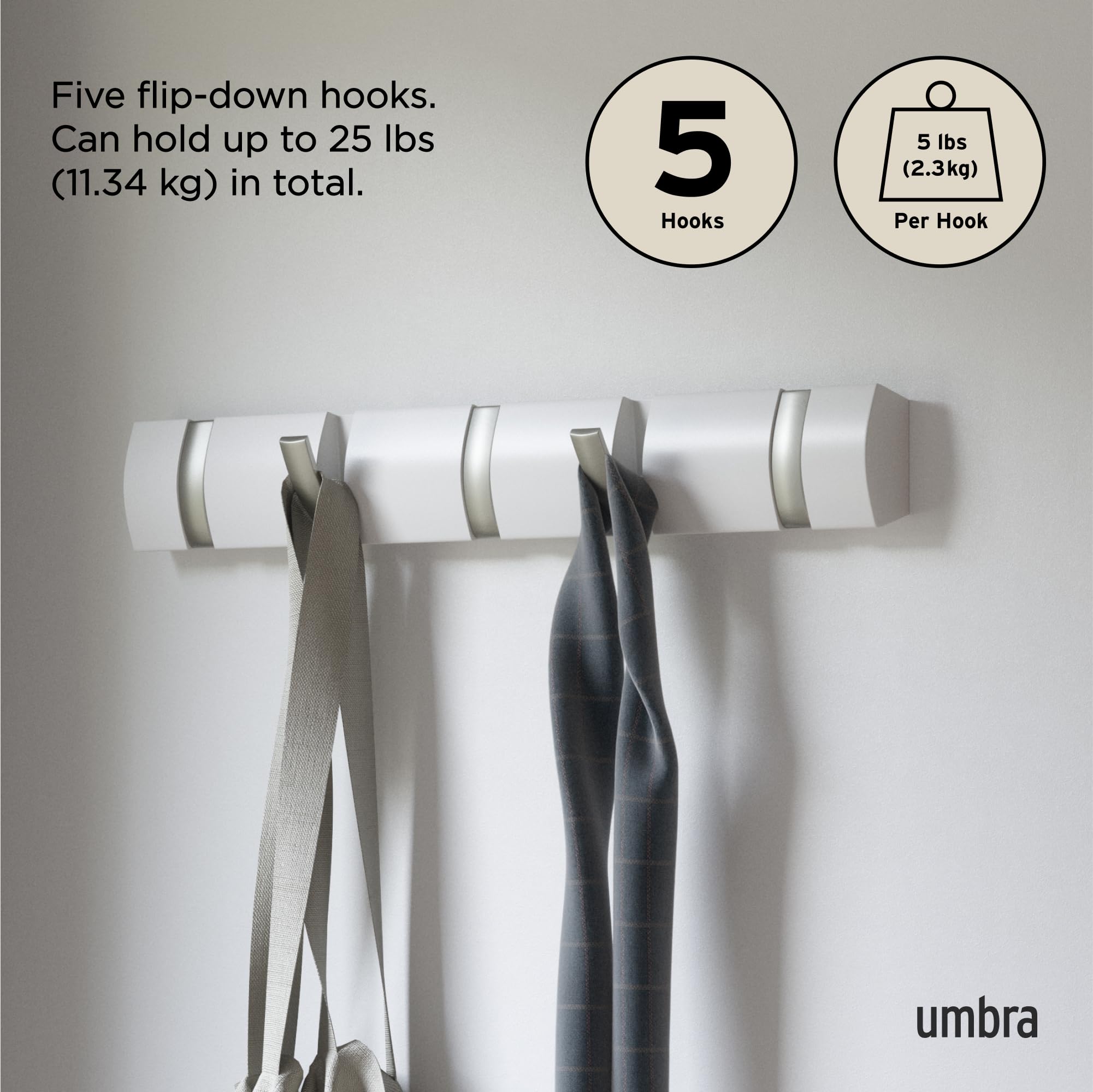 Umbra Flip 5-Hook Wall Mounted Rack - Modern Space-Saving Hanger | Black/Walnut Finish 5