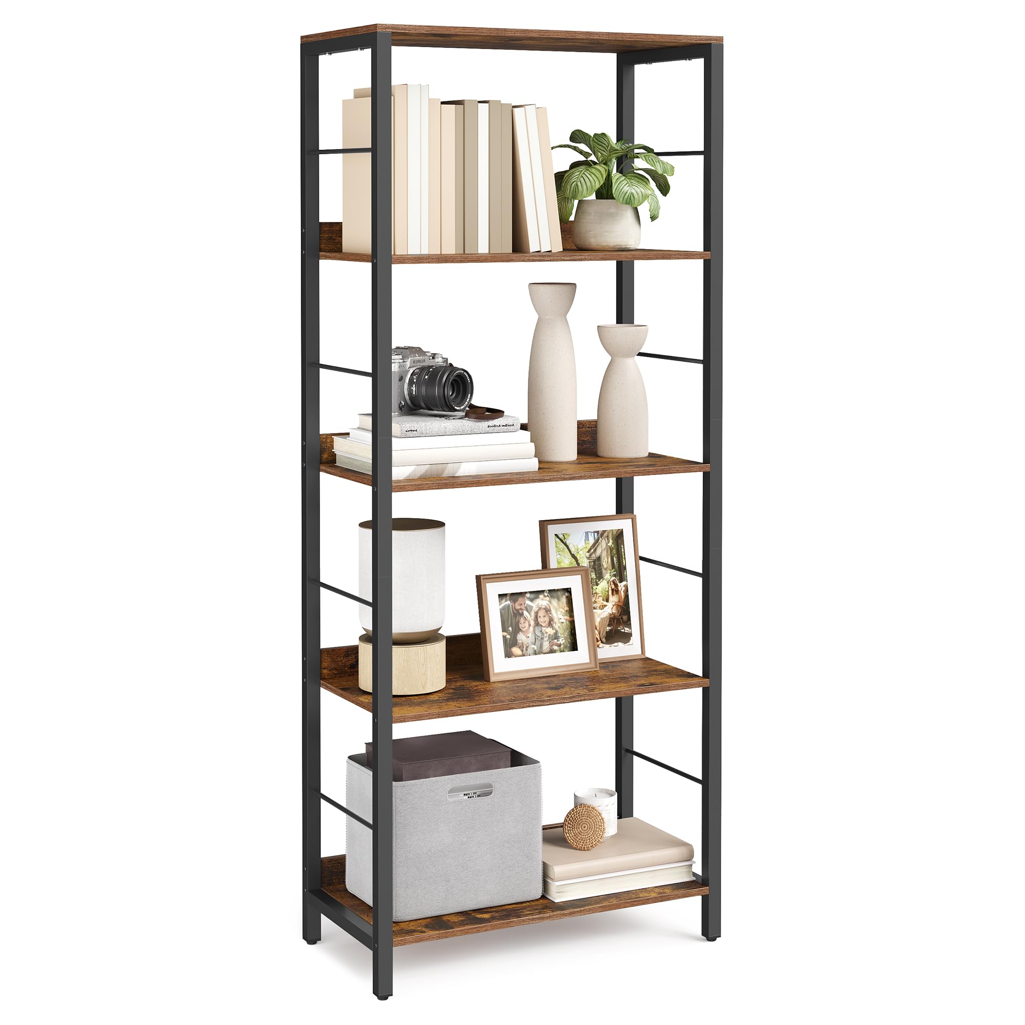 VASAGLE 5-Tier Bookcase - Rustic Brown/Ink Black | 30 x 60 x 144 cm | Supports 37 kg per Shelf 1