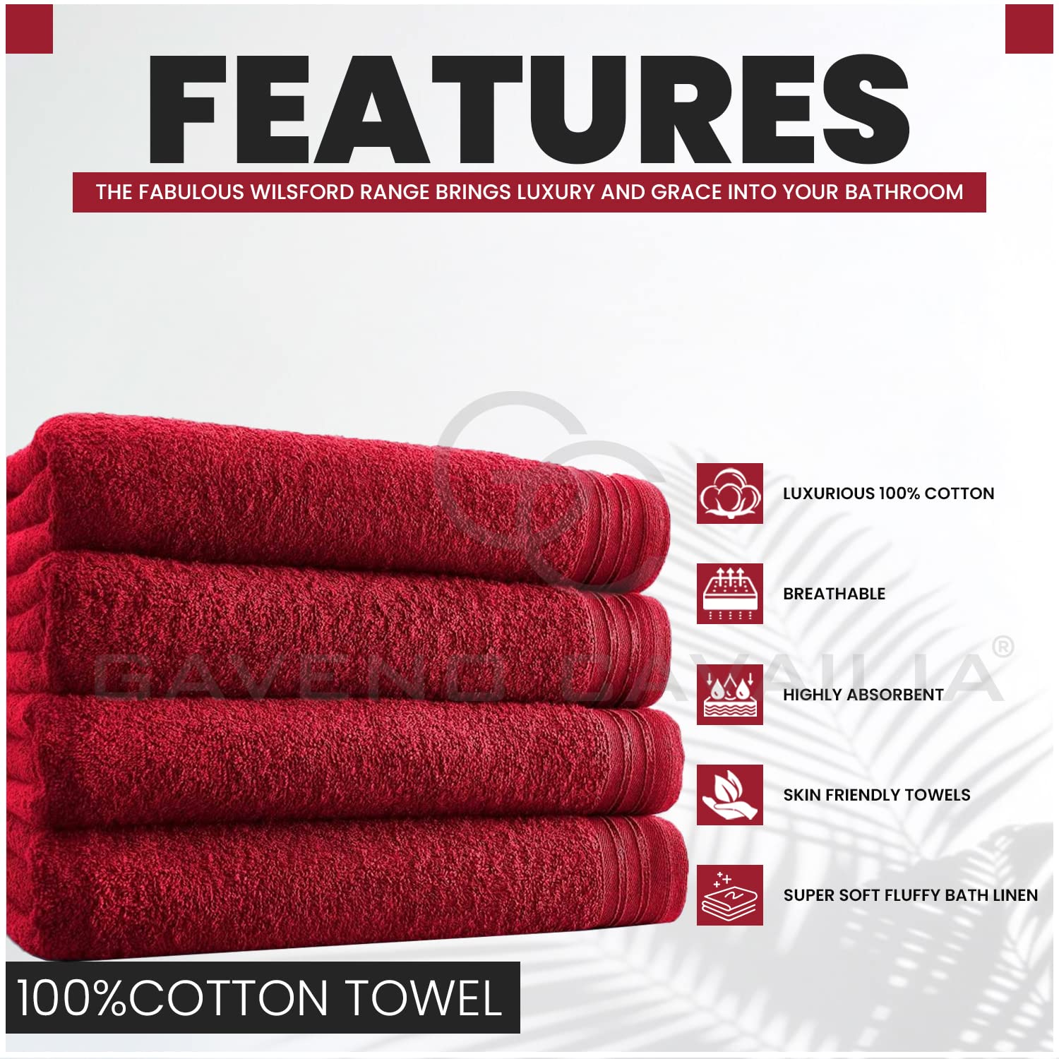 GC GAVENO CAVAILIA Wilsford Bath Sheets - 4 Pack Egyptian Cotton, 450 GSM, Red, 75 x 135 cm 2