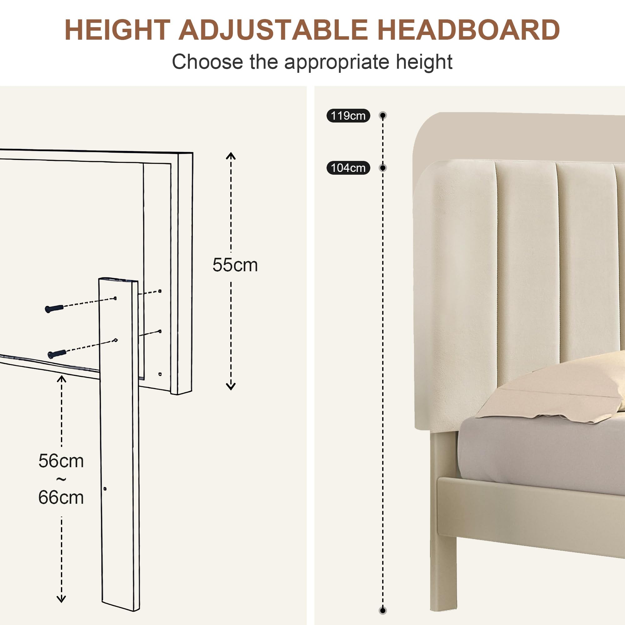 VECELO Upholstered Double Bed Frame 135x190cm Beige Metal Frame Adjustable Headboard Max Load 362kg 6