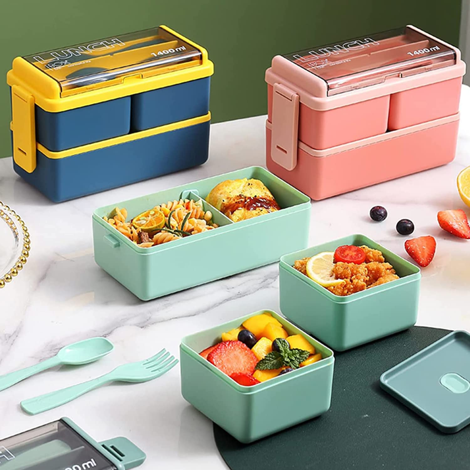 Lychico 1400ml Bento Box - Stackable 2 Layer, Green, with Spoon & Fork 4