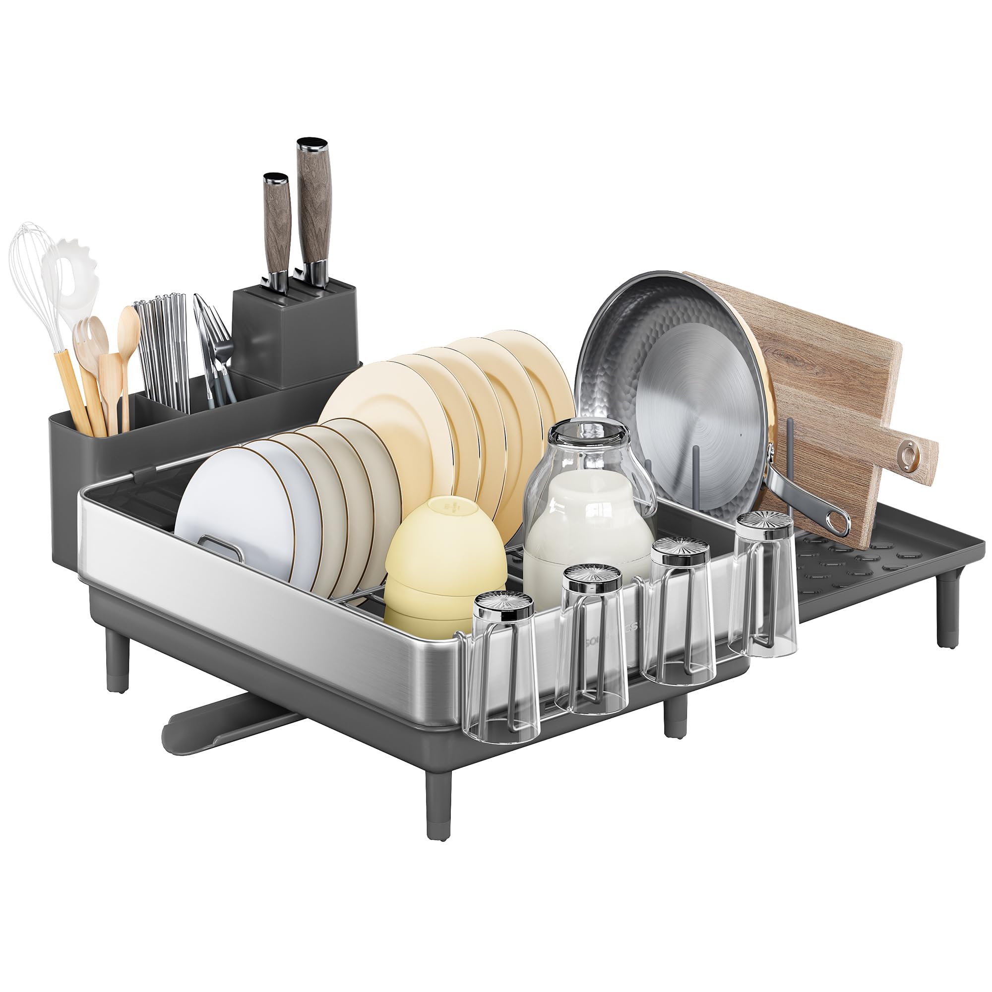 SONGMICS Expandable Dish Drainer Rack - Stainless Steel, Rust Resistant, Adjustable Spout | Silver + Grey 1