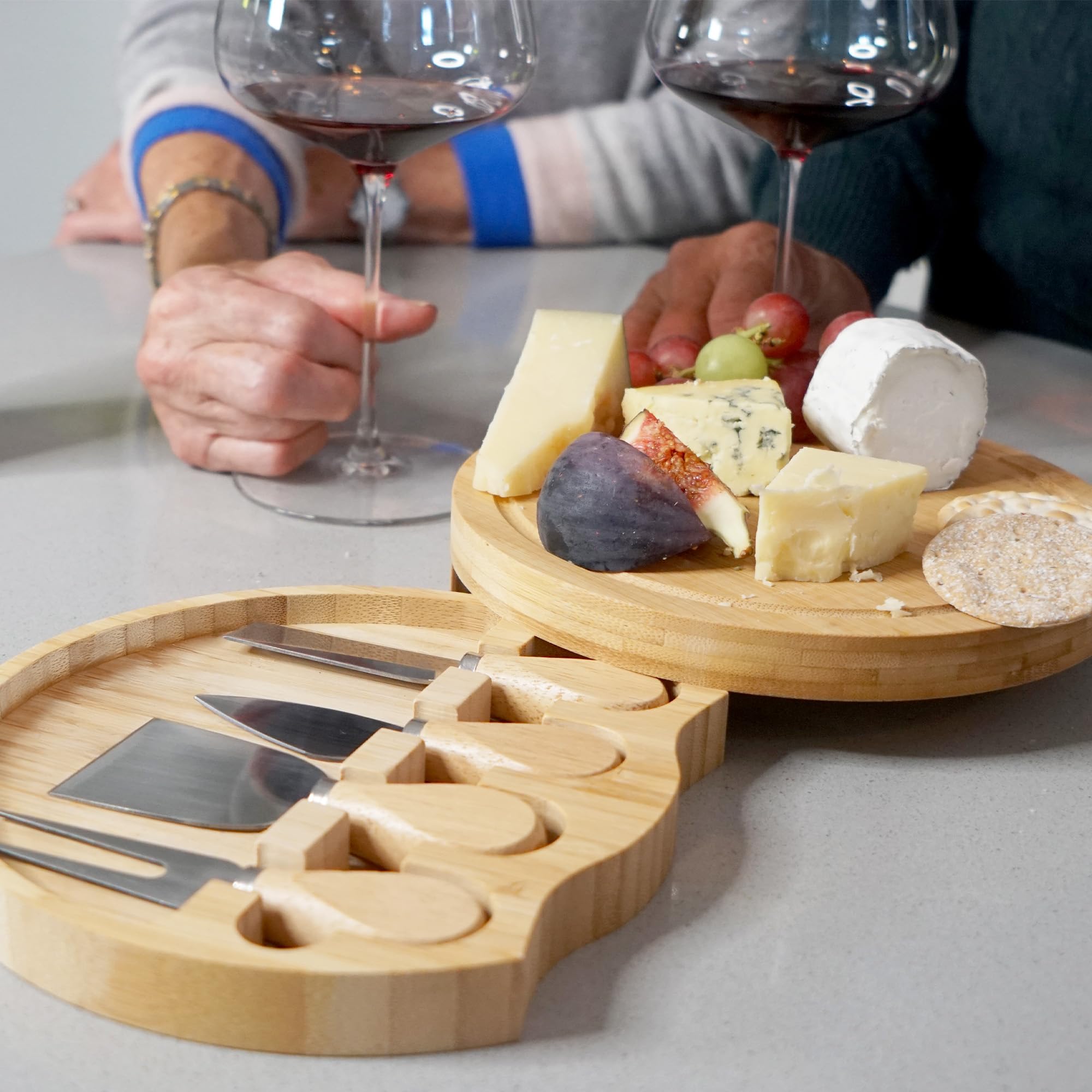 CUQOO Bamboo Cheese Board Set with 3 Knives & Fork | Hidden Drawer | 21cm Round 9