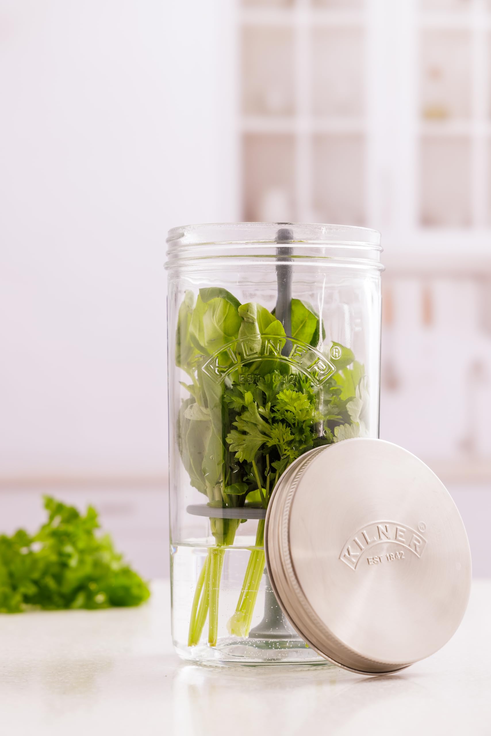 Kilner Herb Keeper Set - Keeps Herbs Fresh Up to 3 Weeks | 1L Wide Mouth Jar with Stainless Steel Lid 2