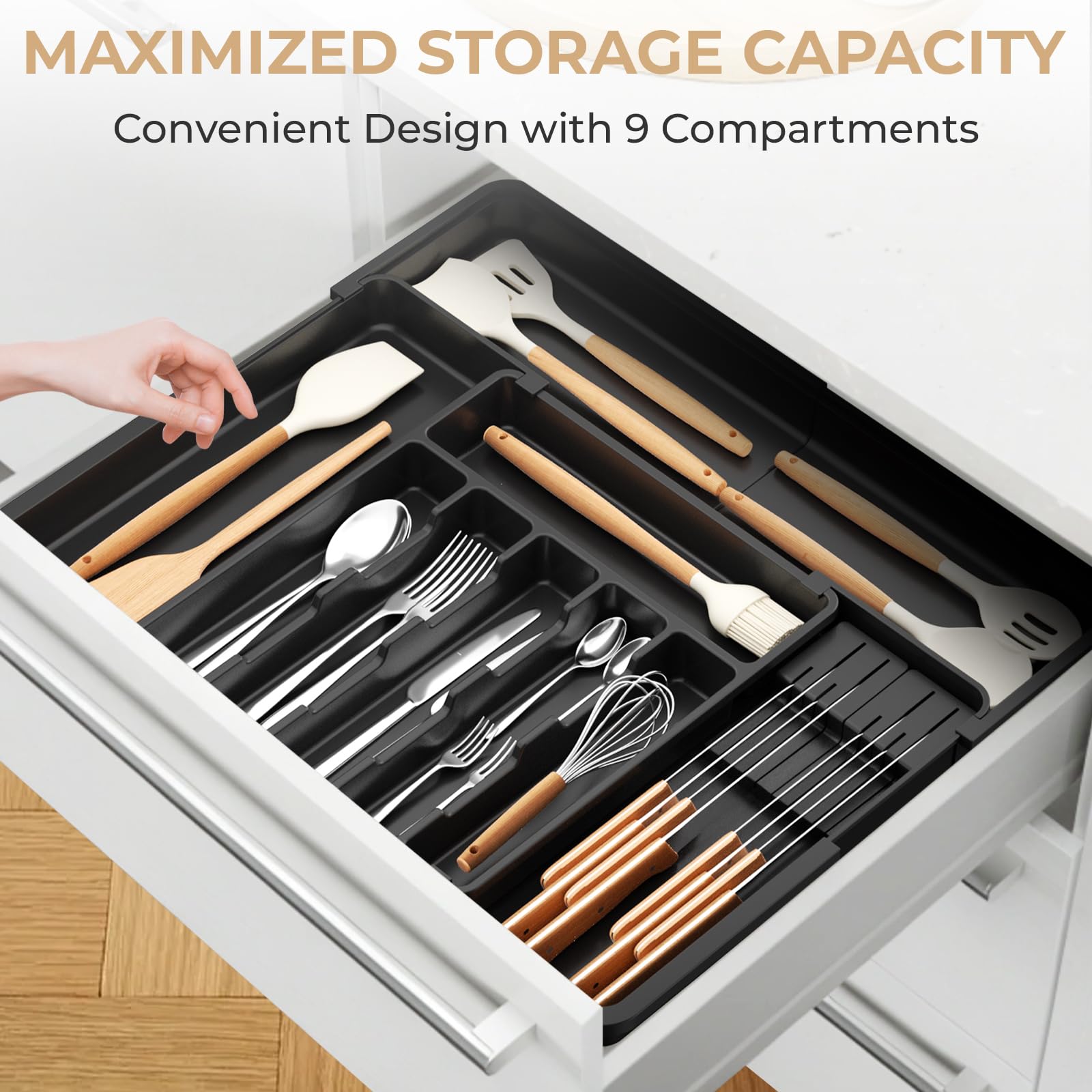 Euqvunn Expandable Cutlery Drawer Organiser - 9 Compartments, Adjustable Size, Black 5