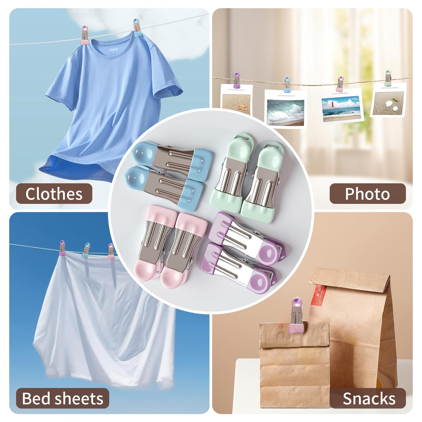 MOXYOY Stainless Steel Clothes Pegs - 20 Pcs Heavy Duty Metal Clothe Pins with Rubber Jaws | Colourful 7