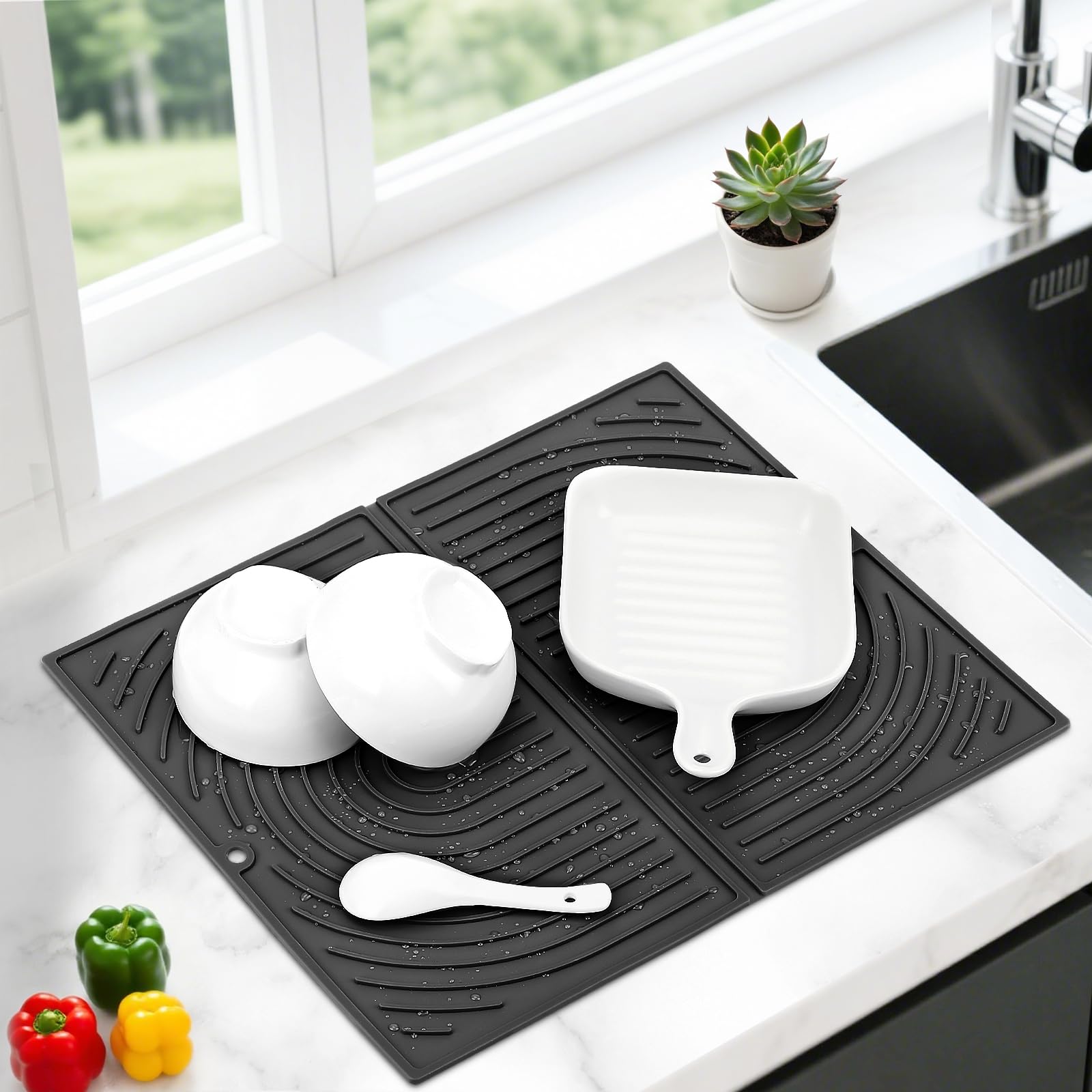 Euqvunn Silicone Dish Drying Mat - Heat Resistant up to 430°F | Medium 42.8 x 33.8 cm | Black 1