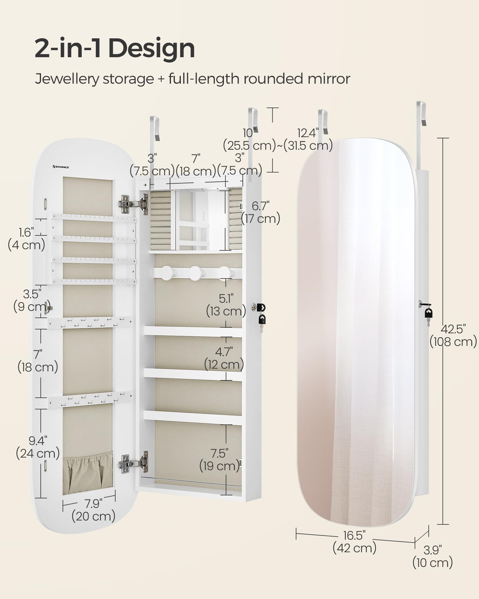 SONGMICS LED Mirror Jewellery Cabinet - Wall/Door Mounted | Lockable | White + Greige 6