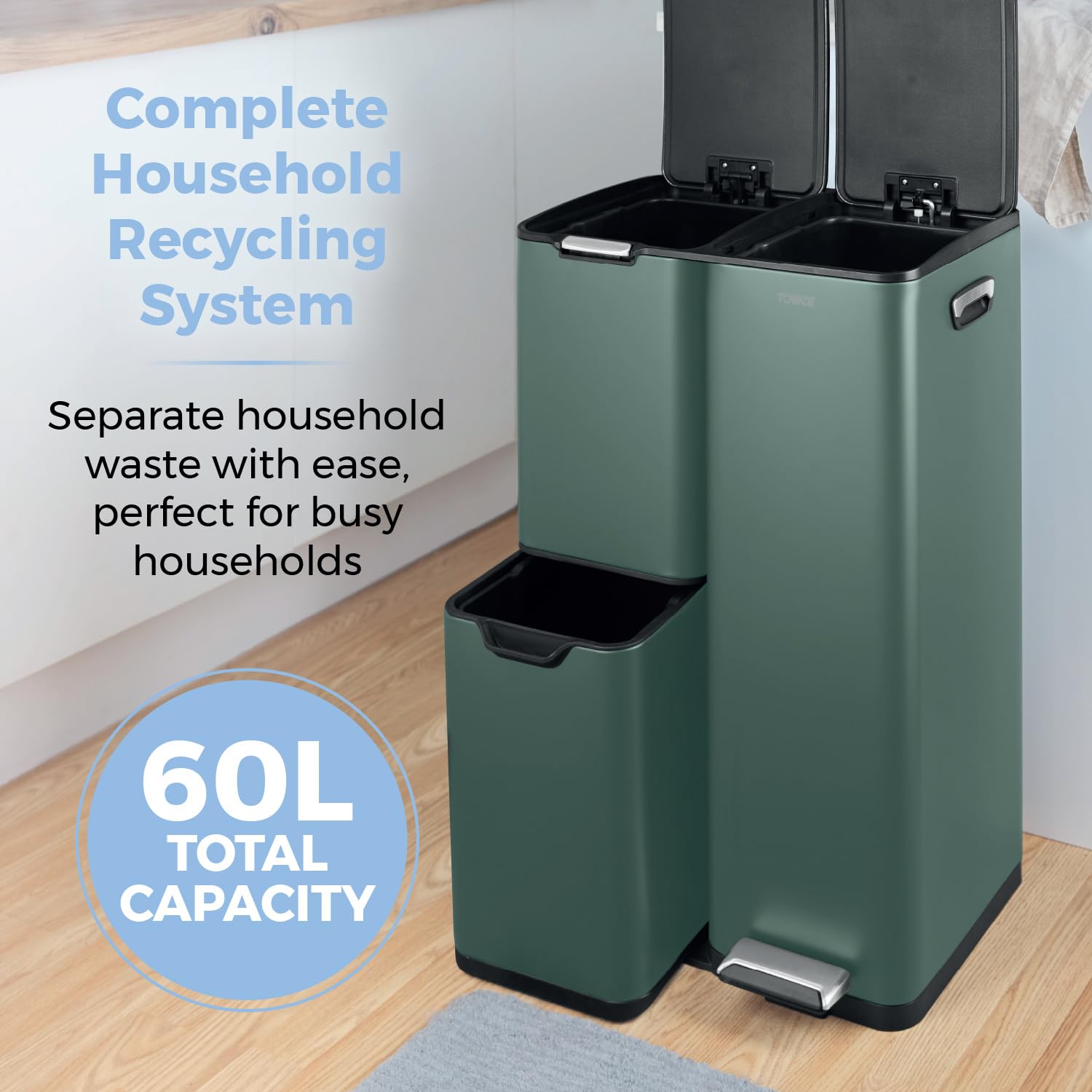 Tower Recycling Pedal Bin - 60L Capacity | 3 Compartments | Carbon Steel | Forest Green 3