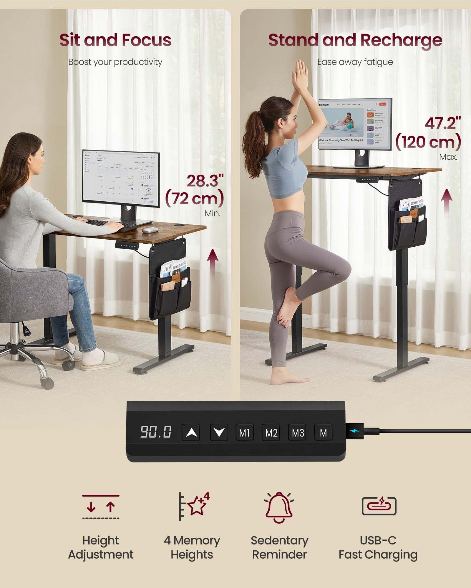 VASAGLE Electric Standing Desk - Height Adjustable 72-120 cm | Rustic Brown | Supports 70 kg 4