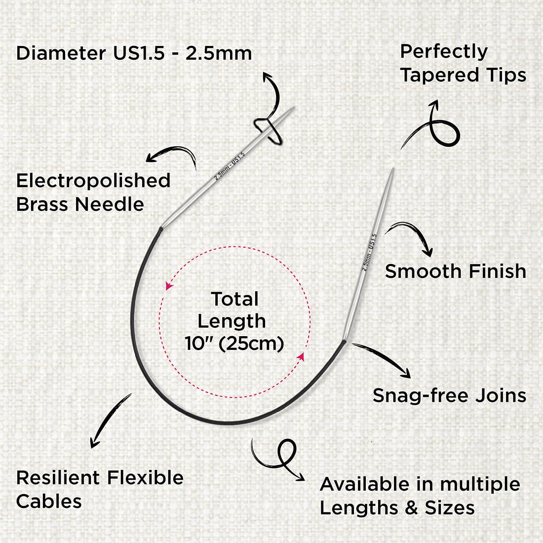 KnitPro Nova Fixed Circular Knitting Needles - 2.50mm Size | 25cm Length | Nickel-Free Brass 3