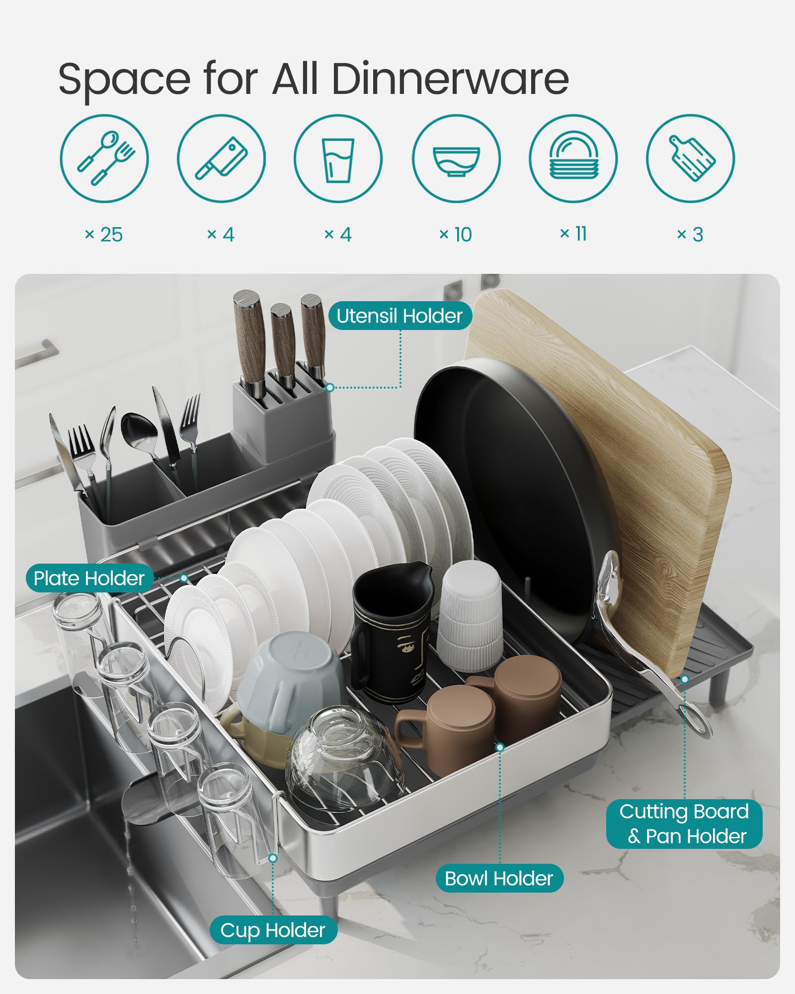 SONGMICS Expandable Dish Drainer Rack - Stainless Steel, Rust Resistant, Adjustable Spout | Silver + Grey 4