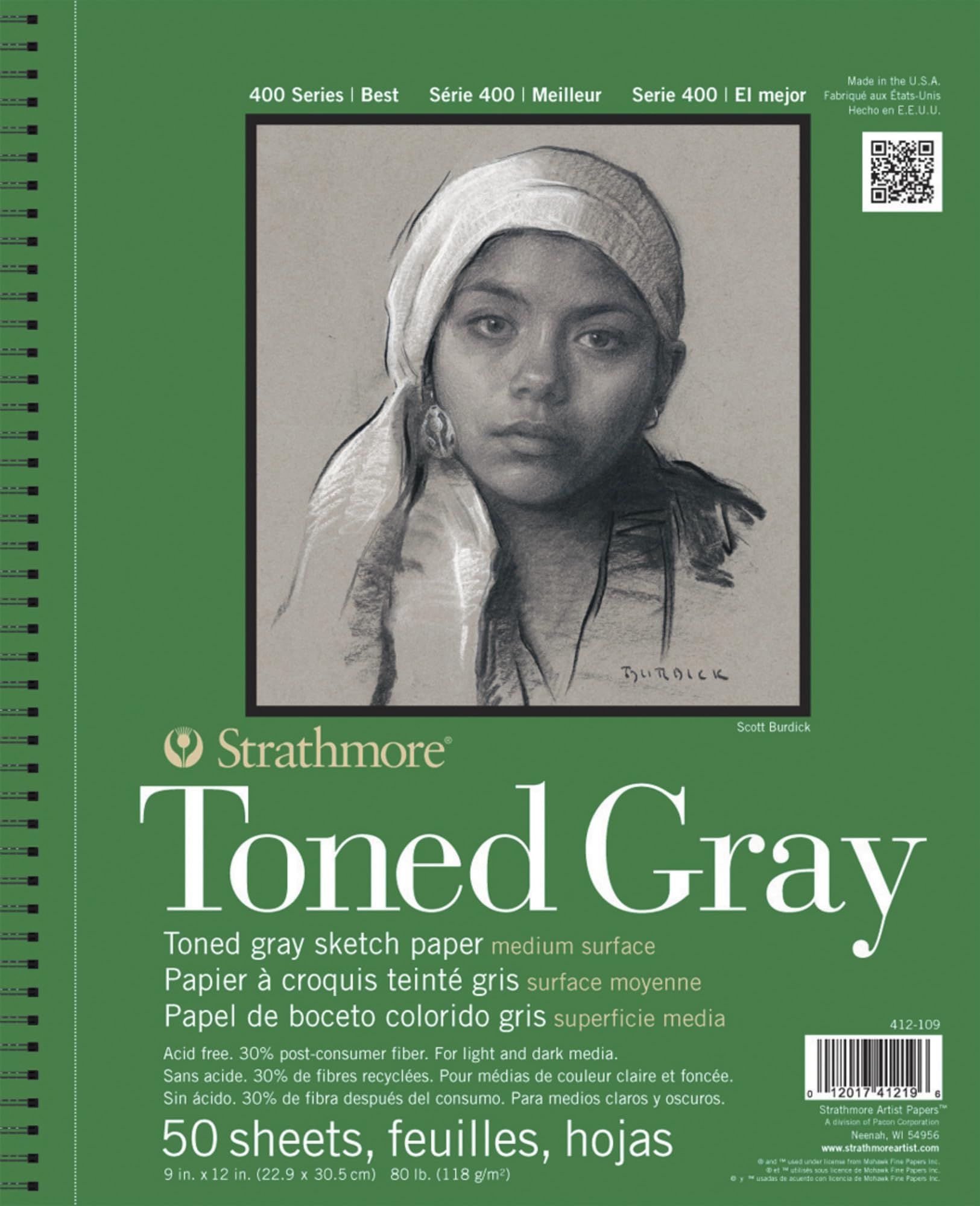 Strathmore Toned Sketch Spiral Paper Pad - Gray | 9 x 12 in | 50 Sheets | Acid Free 1