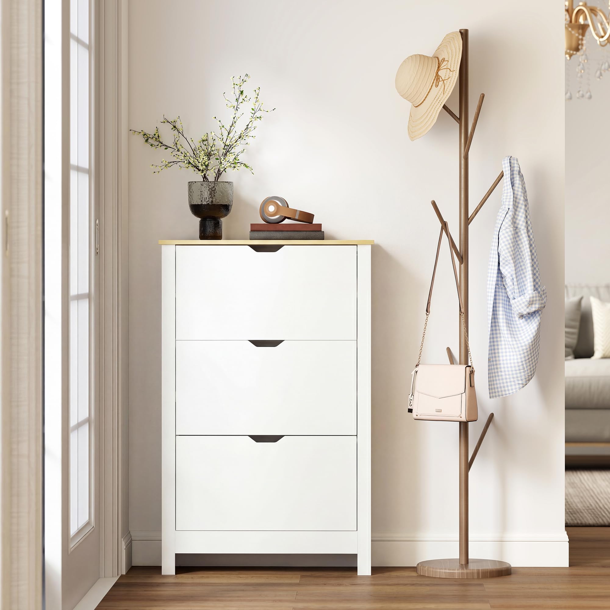 HOMCOM Narrow Shoe Cabinet - Space Saving Storage with 3 Flip Drawers | White | 26cm Depth 8