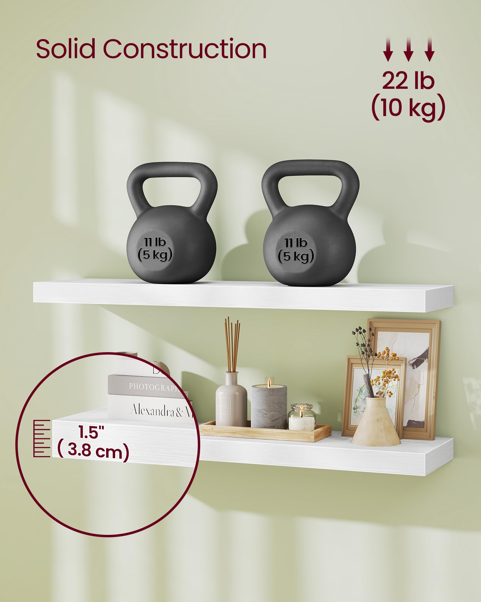 VASAGLE Floating Wall Shelf - Snow White Wood Grain | 80 cm Width | 10 kg Load Capacity 5