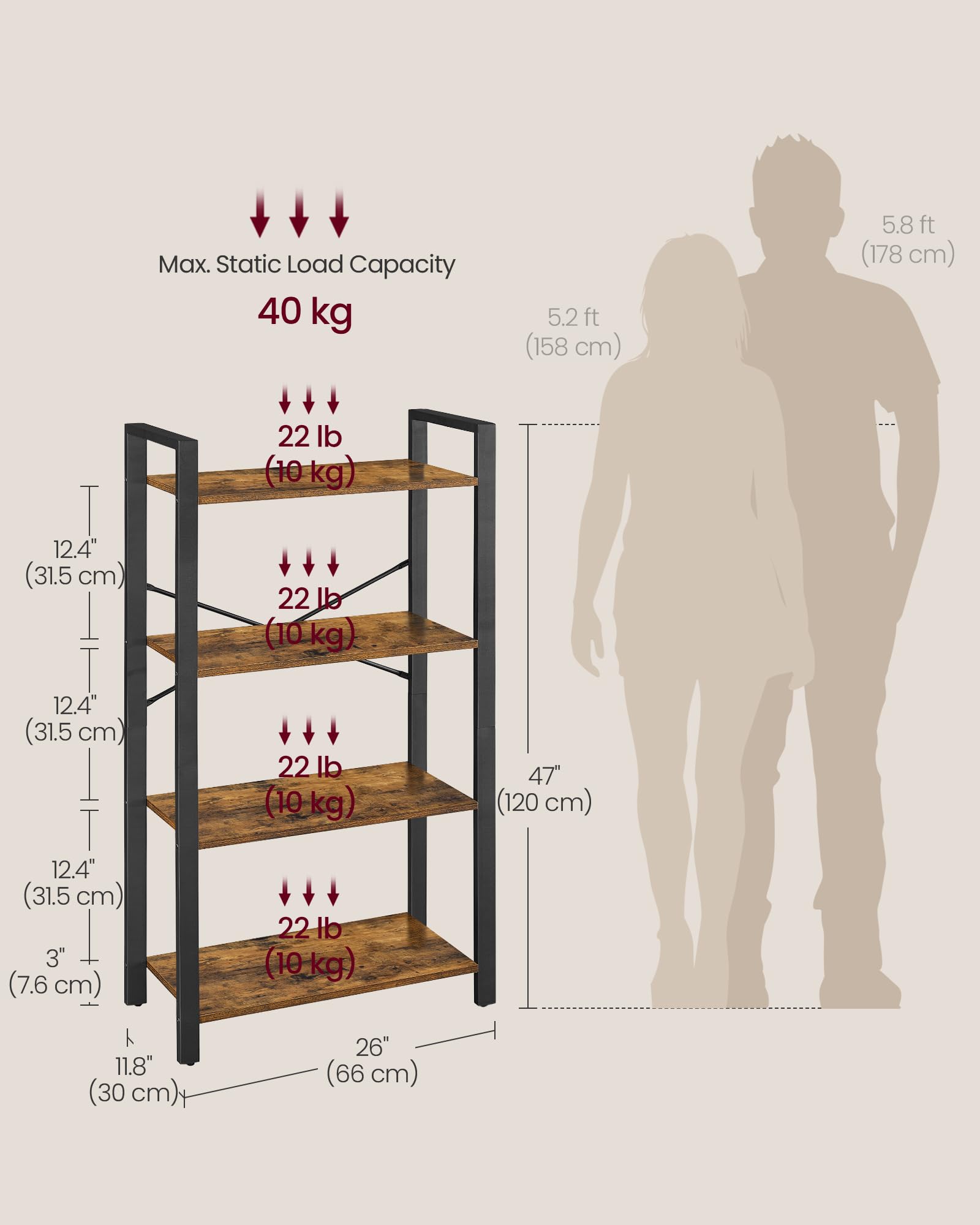 VASAGLE 4-Tier Bookshelf - Industrial Style Storage | Rustic Brown & Ink Black | 30 x 66 x 120 cm 3